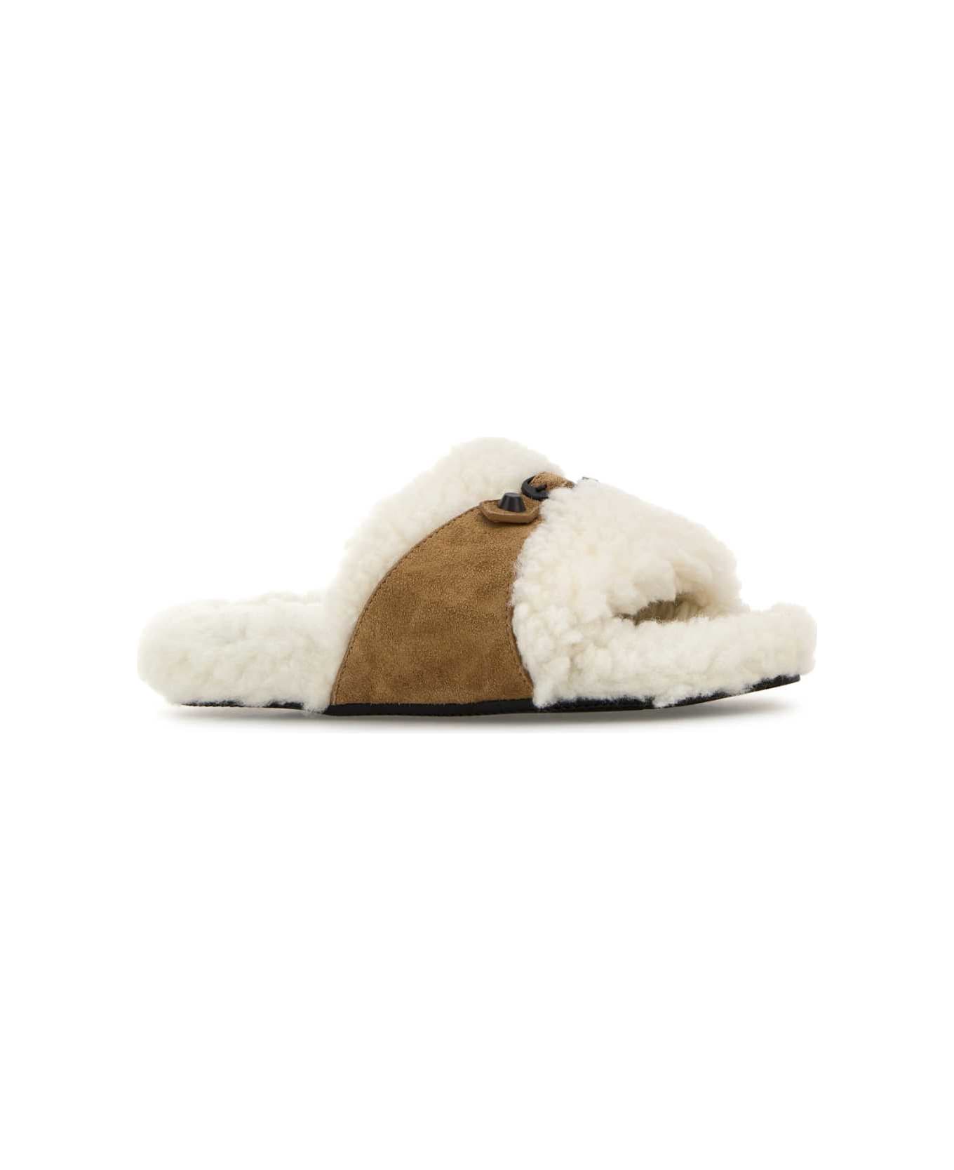 Balenciaga Two-tone Suede And Eco Fur Slide Furry Slippers - OFF WHT/CAMEL