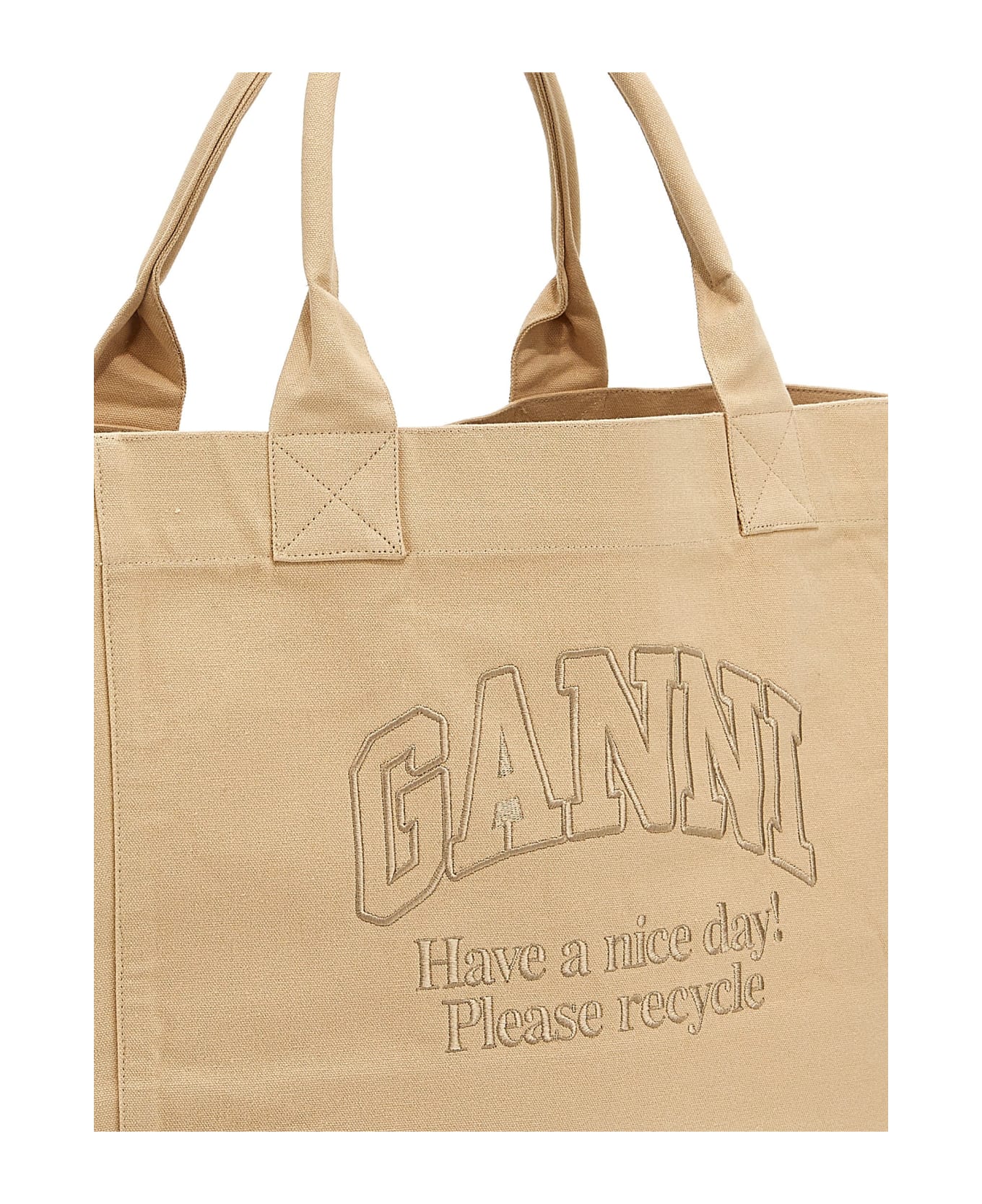 Ganni Oversized Shopping Bag With Logo Embroidery - Almond Milk