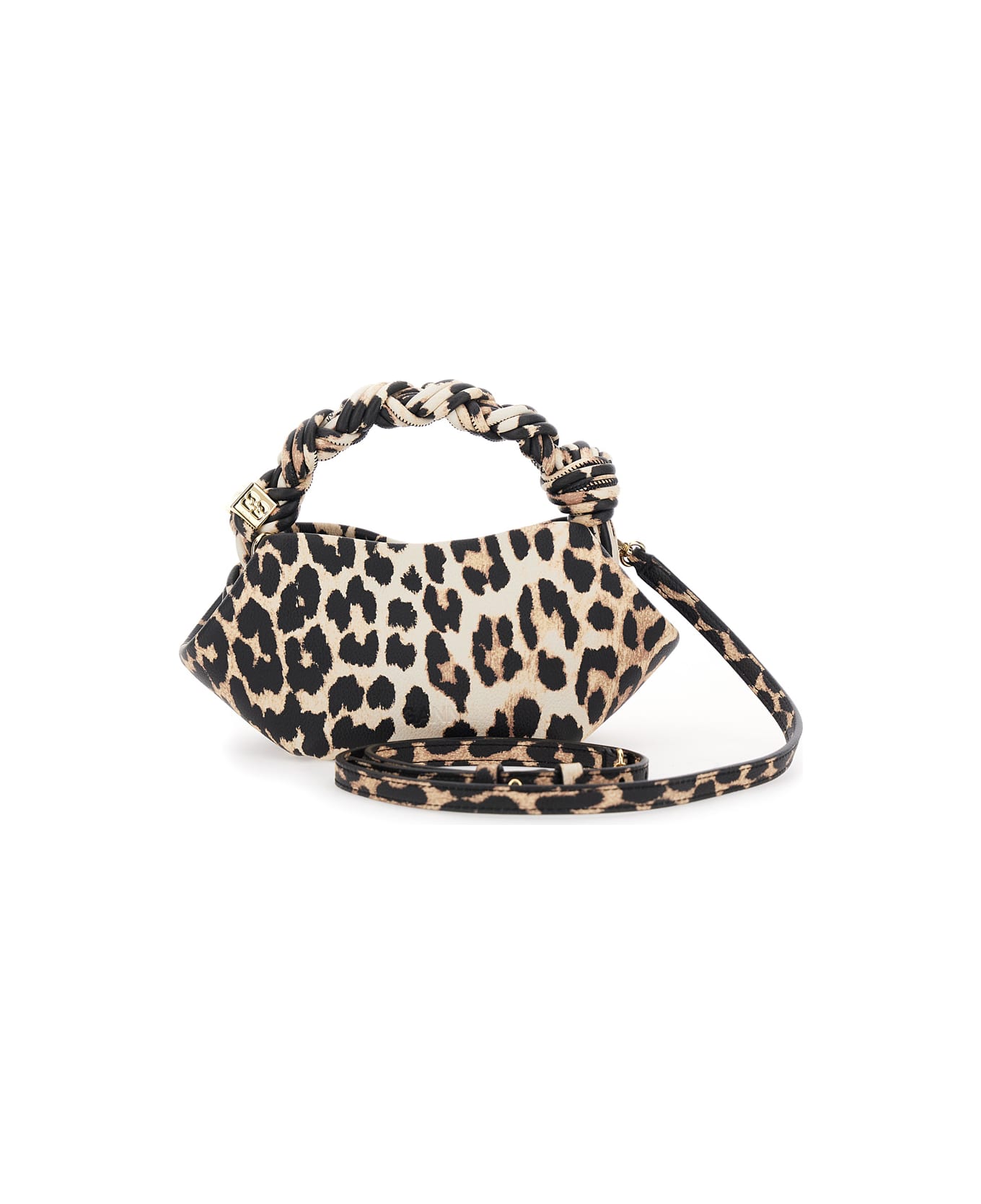 Ganni 'bou' Brown Mini Handbag With Braided Handle And All-over Leopard Motif In Fabric Woman - Brown