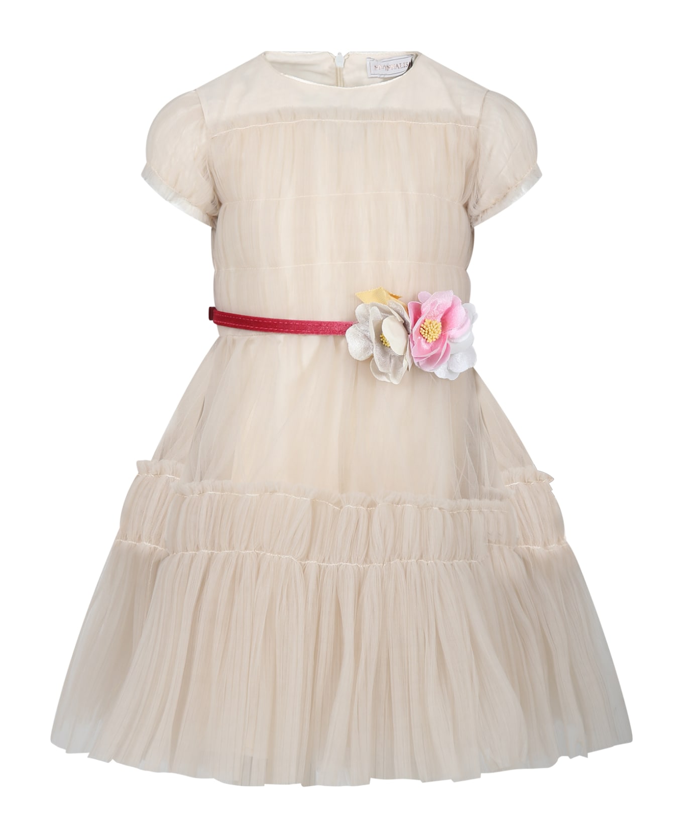 Monnalisa Ivory Dress For Girl With Flowers - Ivory ワンピース＆ドレス