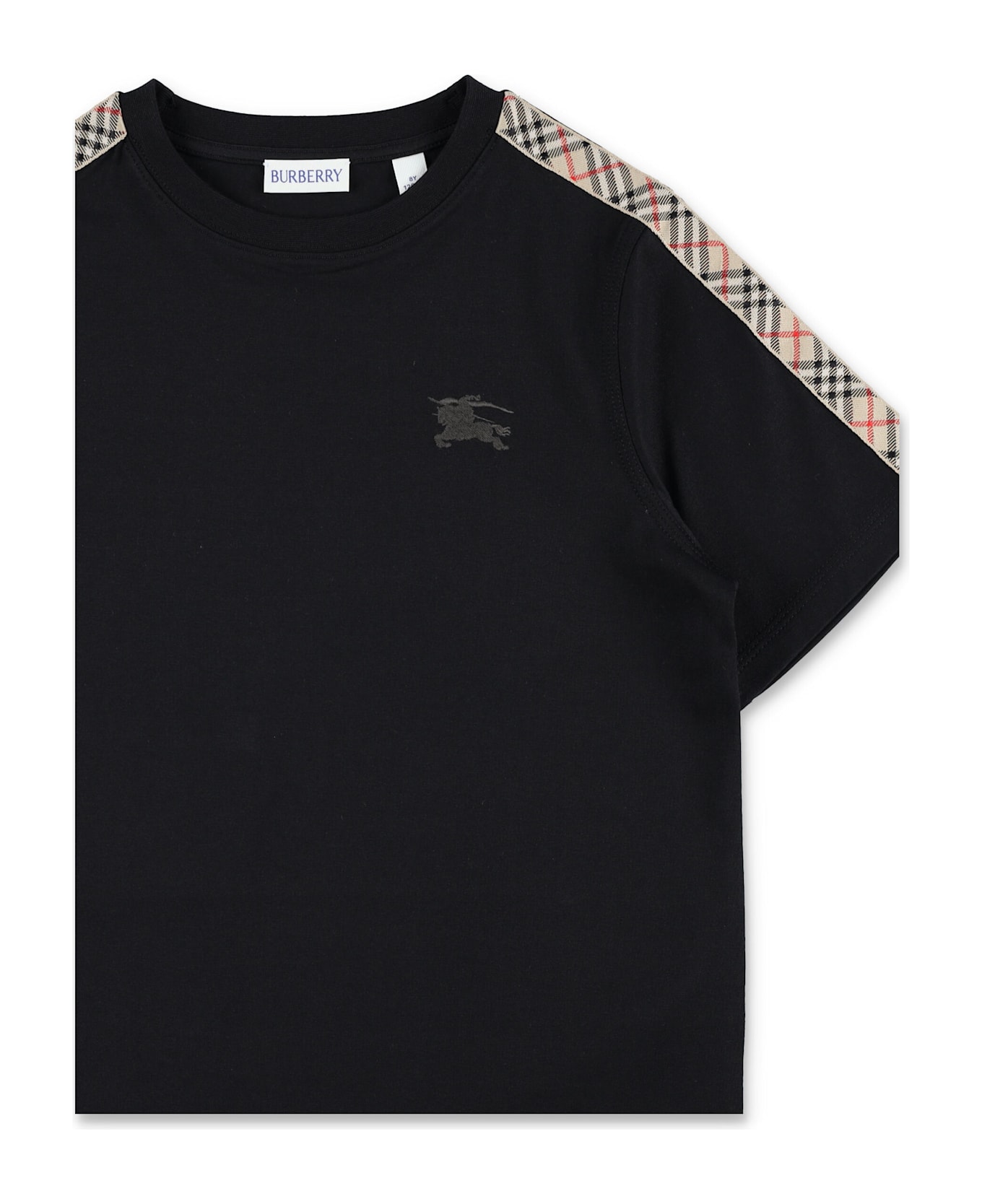 Burberry Kid - Burberry Cotton T-shirt With Check Trim - BLACK