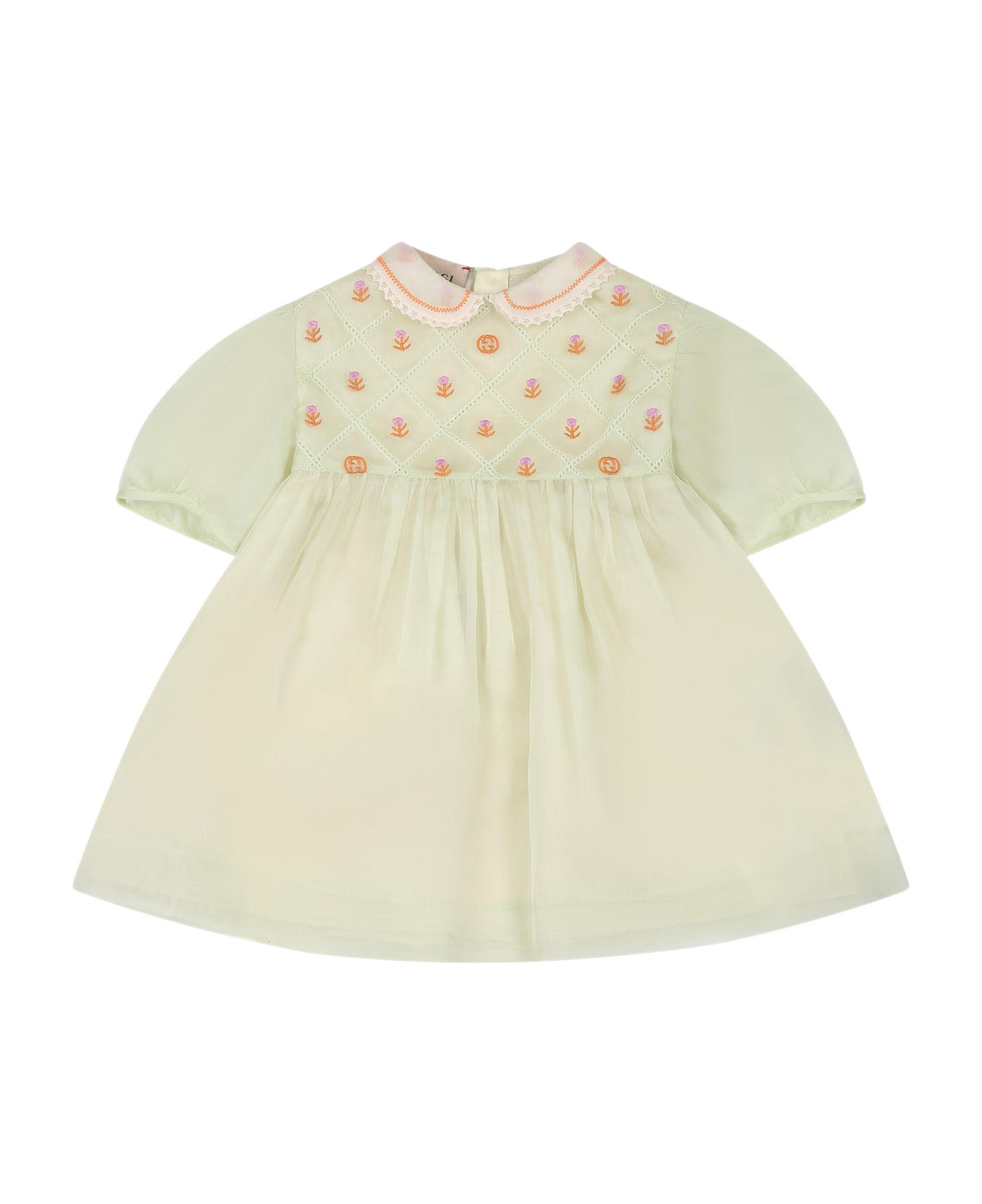 Gucci Green Dress For Baby Girl With Flower And Interlocking Gg - Green