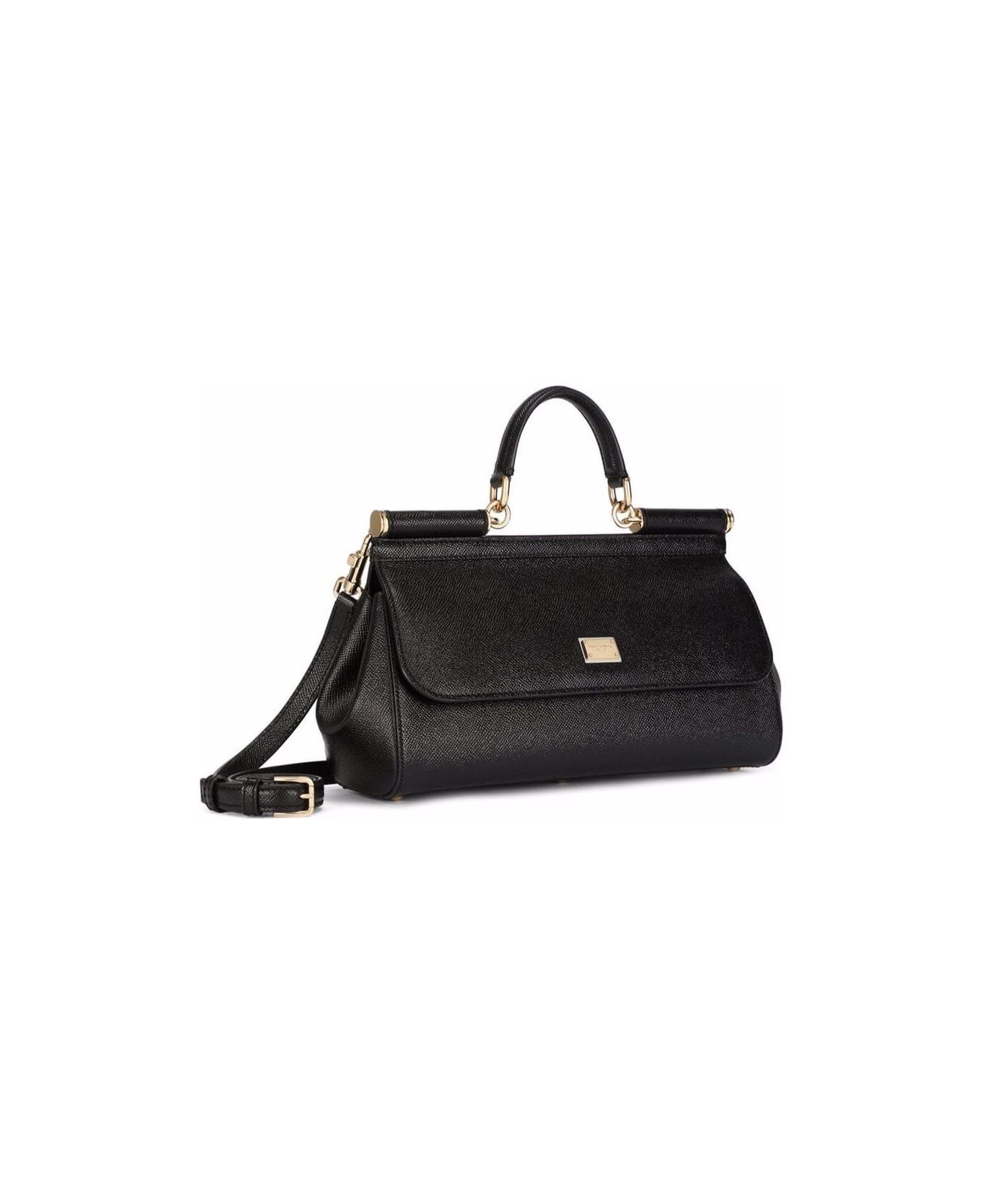 Dolce & Gabbana 'medium Sicily' Black Handbag With Branded Galvanic Plaque In Dauphine Leather Woman - Black