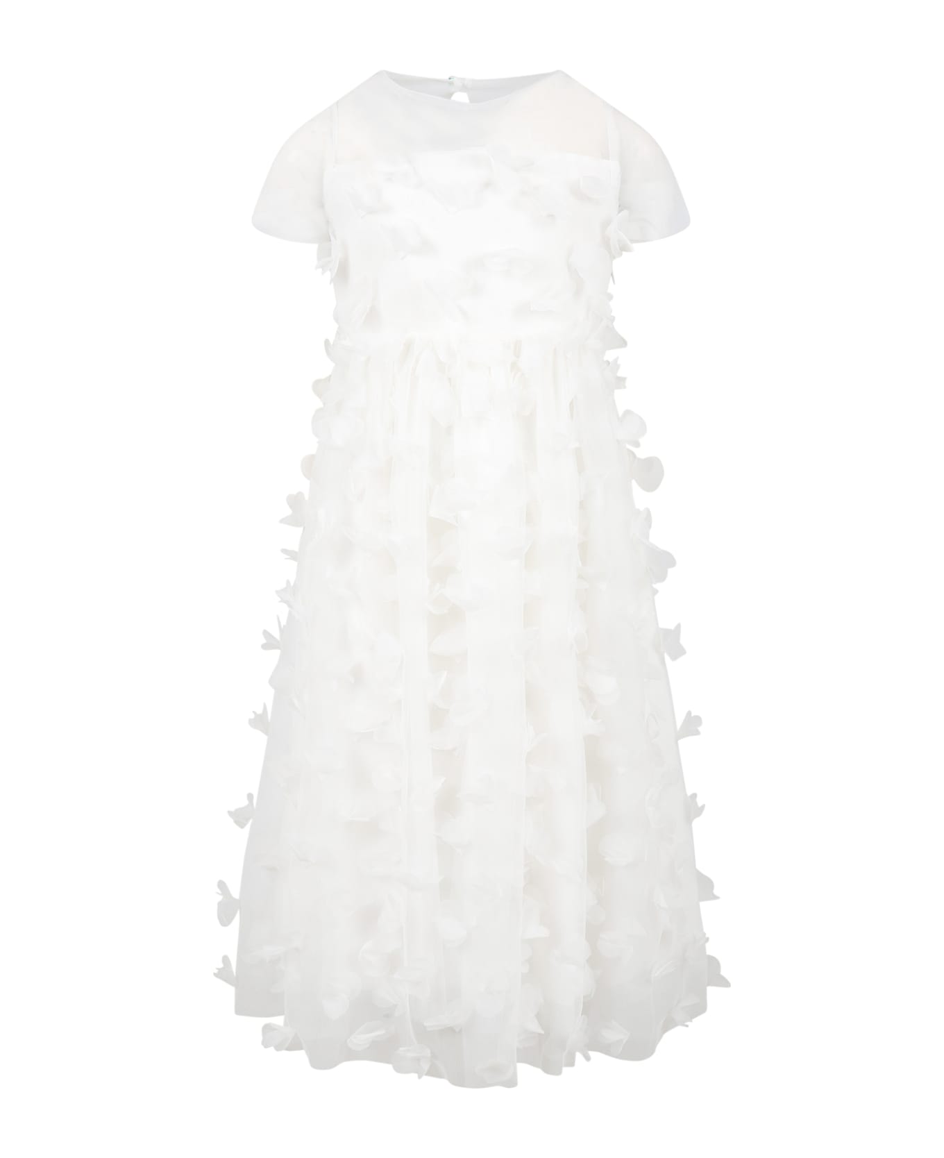 Simonetta White Dress For Girl With Tulle Applications - White ワンピース＆ドレス