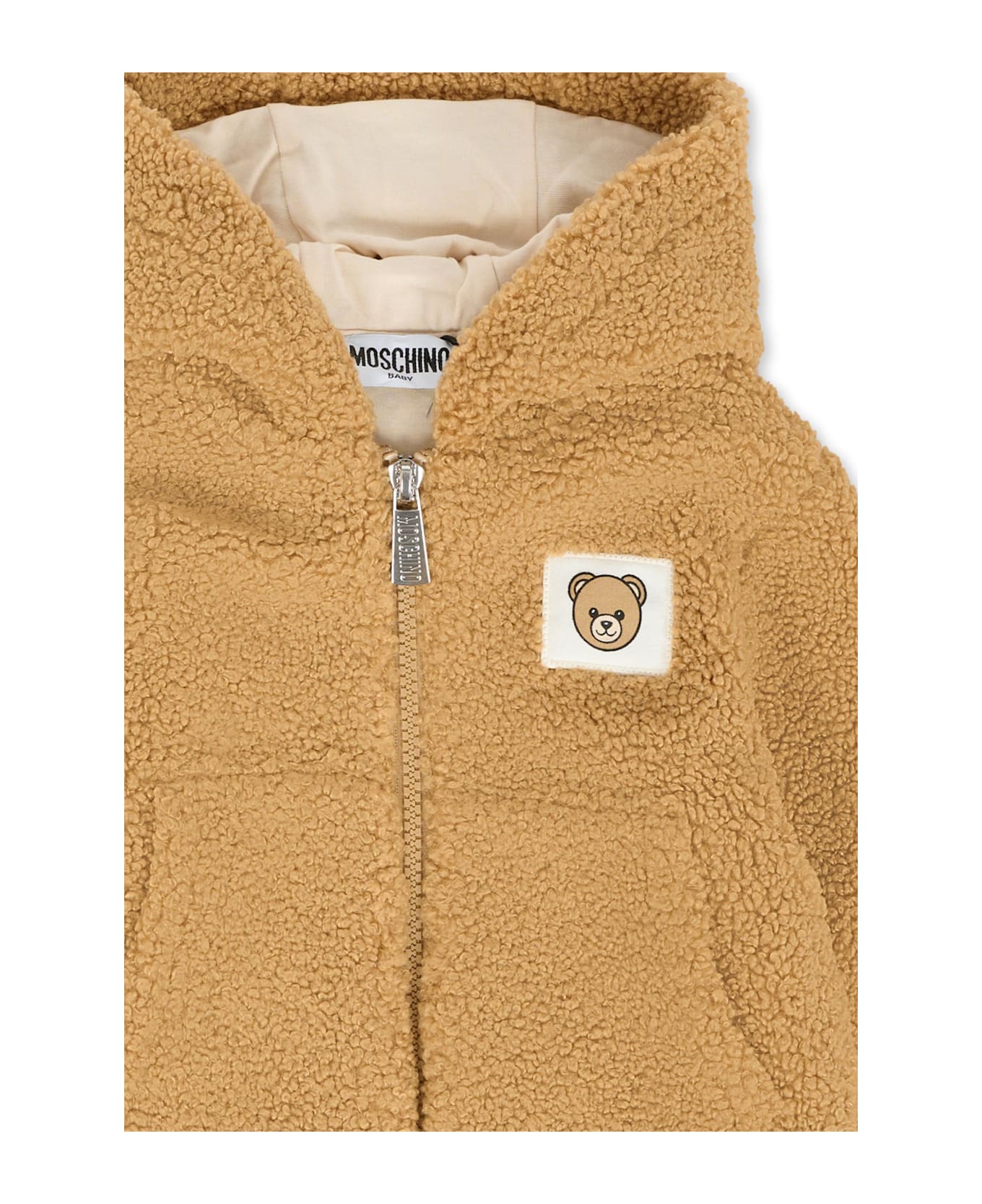 Moschino Brown Faux Fur Coat For Babykids With Teddy Bear - Brown