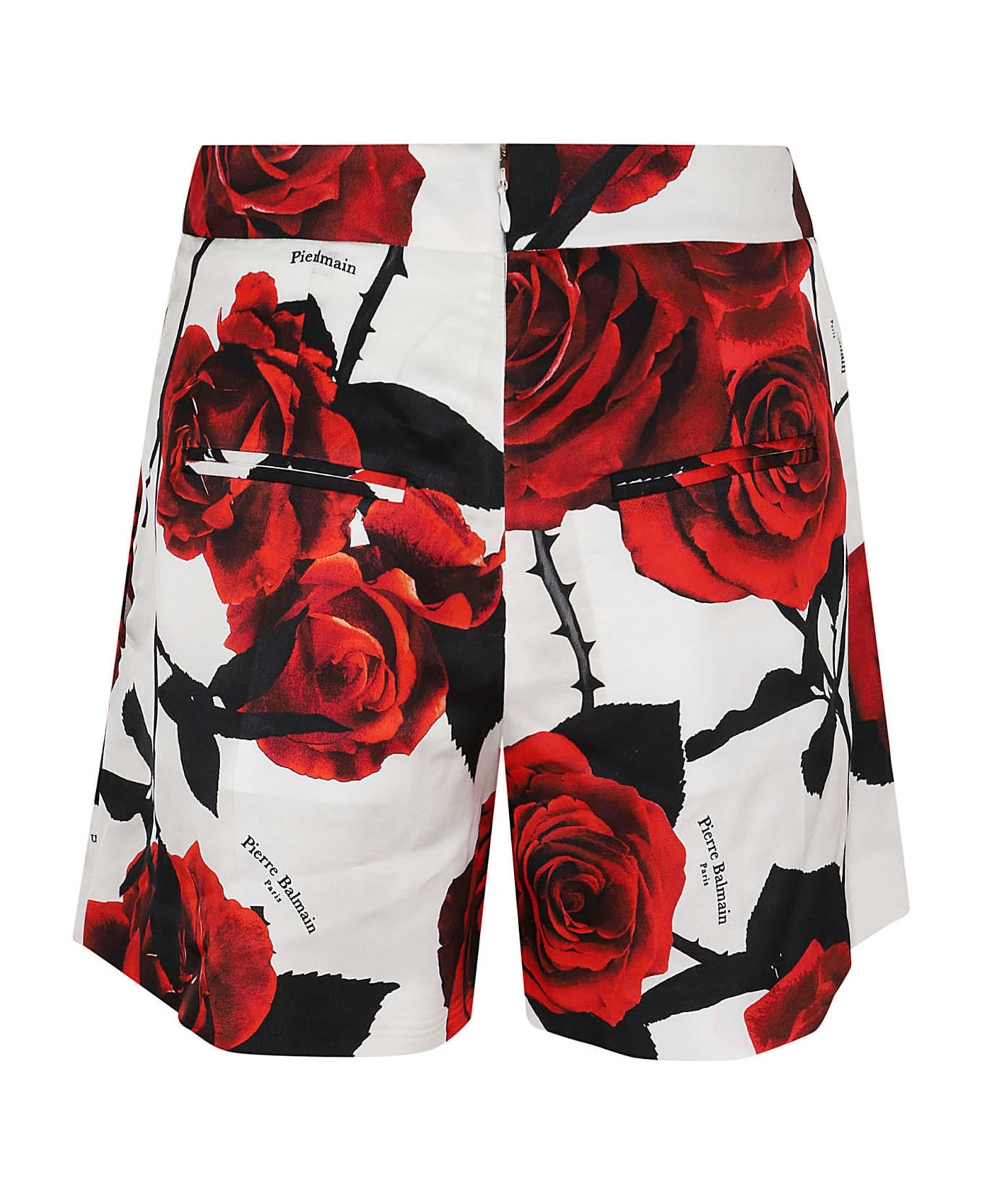 Balmain Hw Red Roses Print Satin Shorts - Gqx Blanc Rouge Fonce Noir ショートパンツ