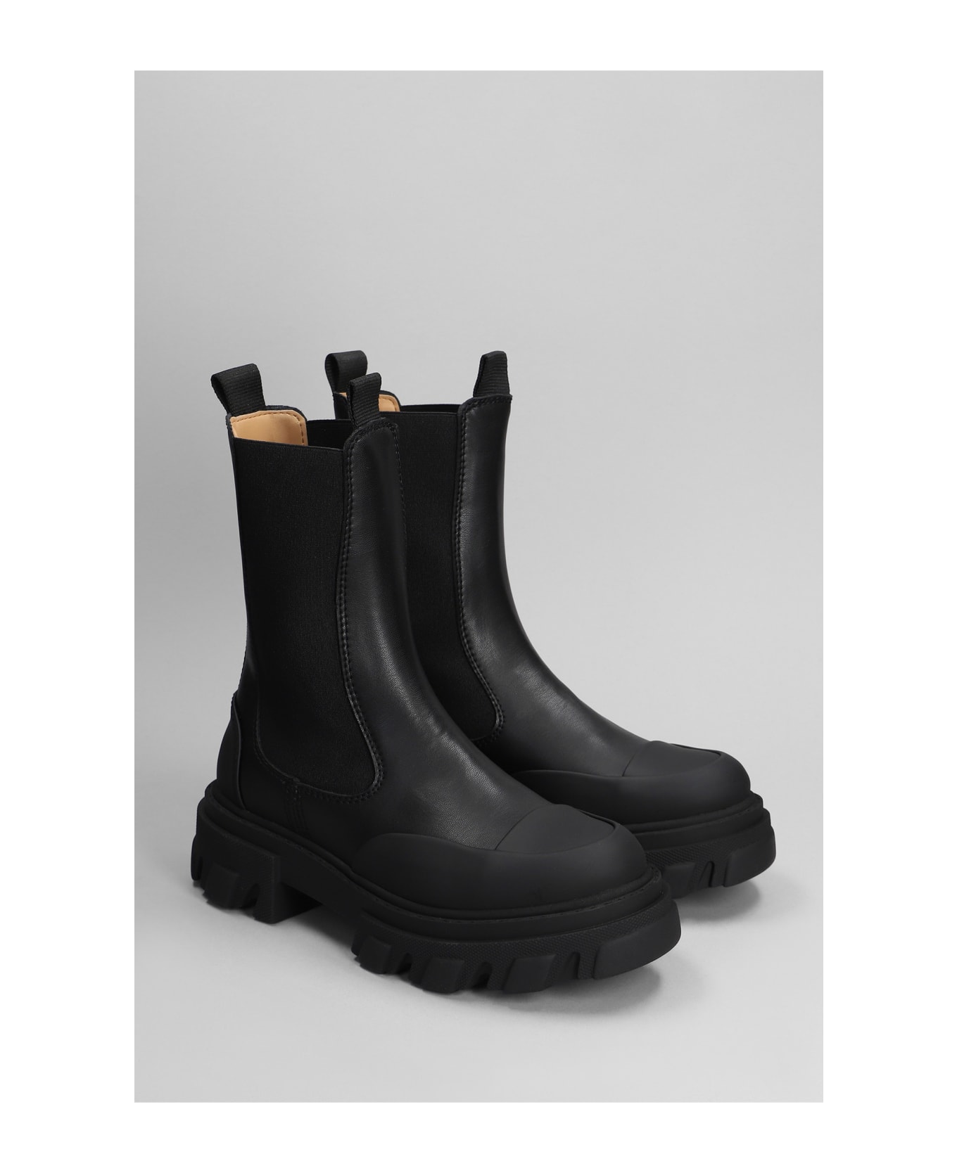 Ganni Combat Boots In Black Leather - Nero