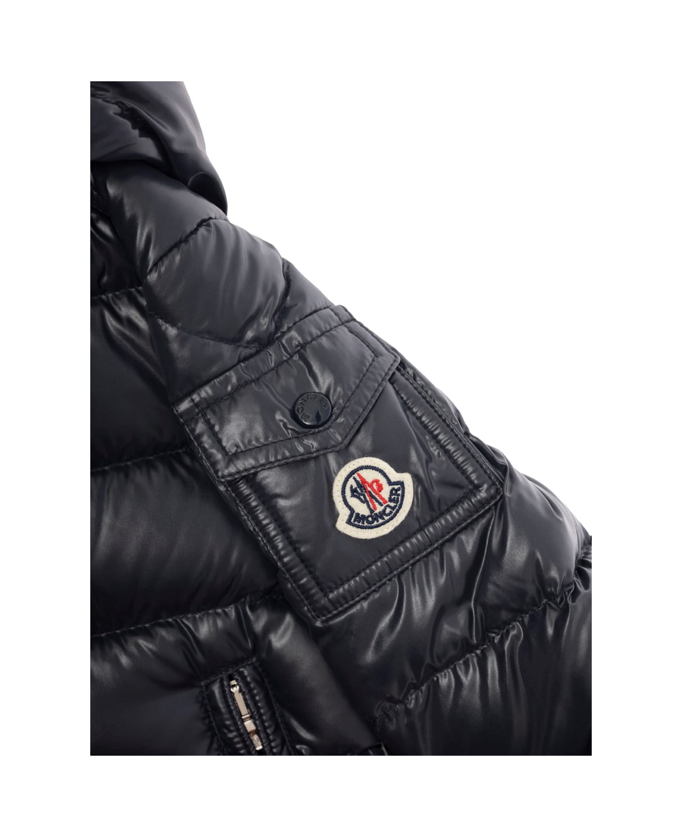 Moncler 'maya' Black Down Jacket With Hood And Logo Patch On The Sleeve In Tech Fabric Baby - Blu