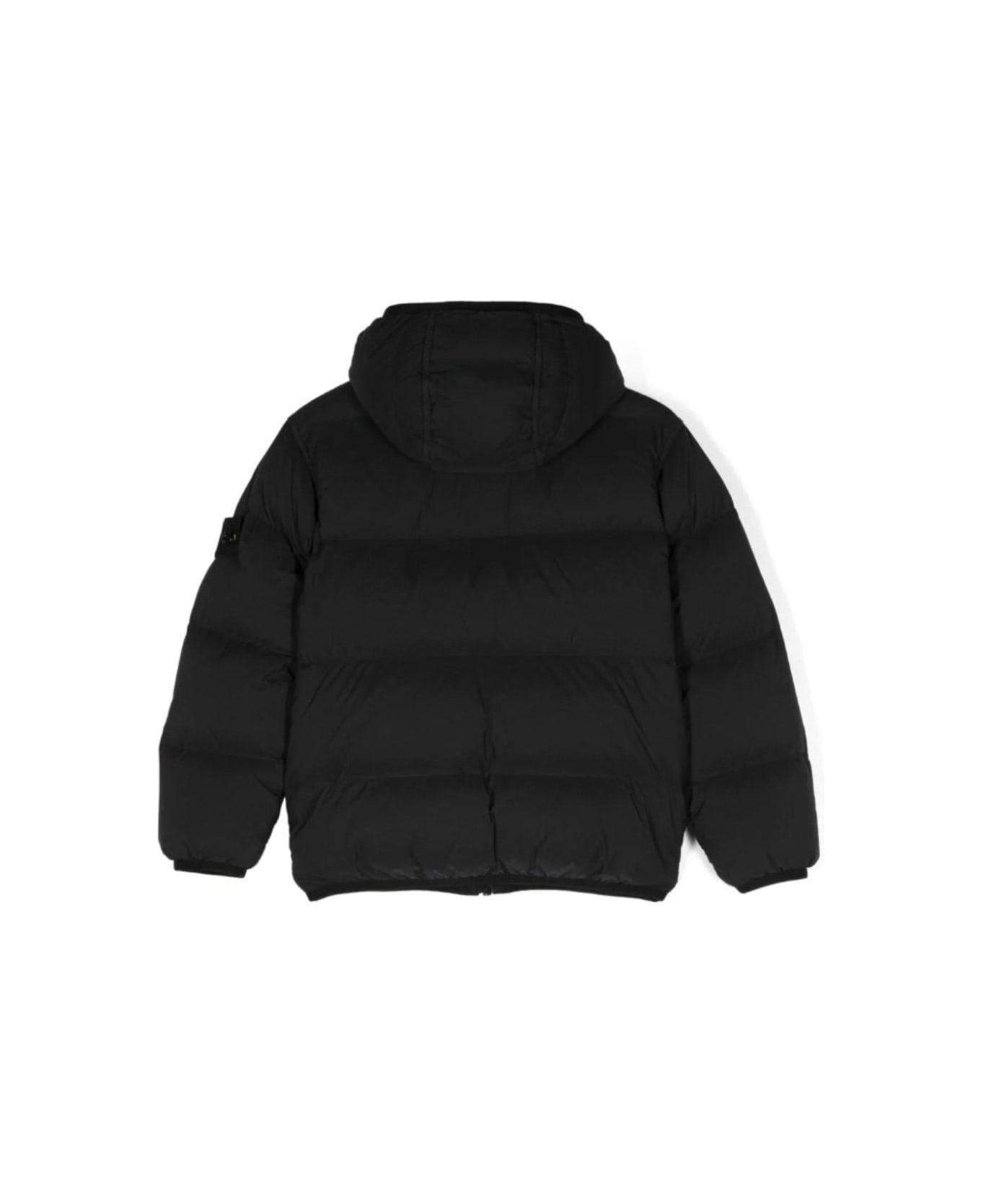 Stone Island Junior Black Hooded Down Jacket With Logo Patch In Polyamide Boy - Black