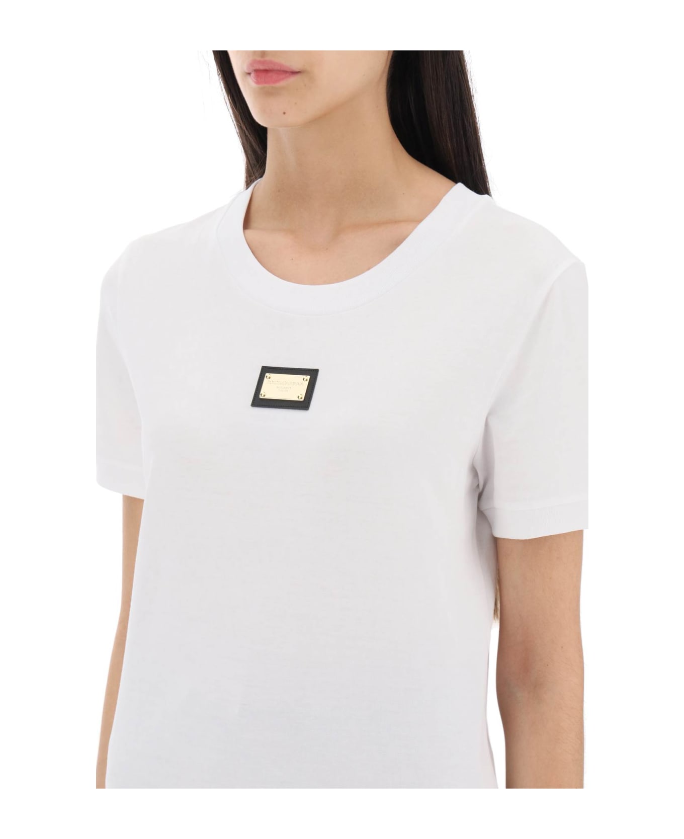 Dolce & Gabbana T-shirt With Logoed Metal Plaque - Bianco Ottico