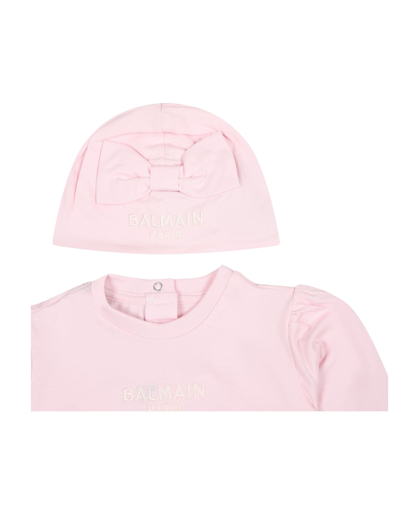 Balmain Pink Babygrown For Baby Girl With Logo - Pink
