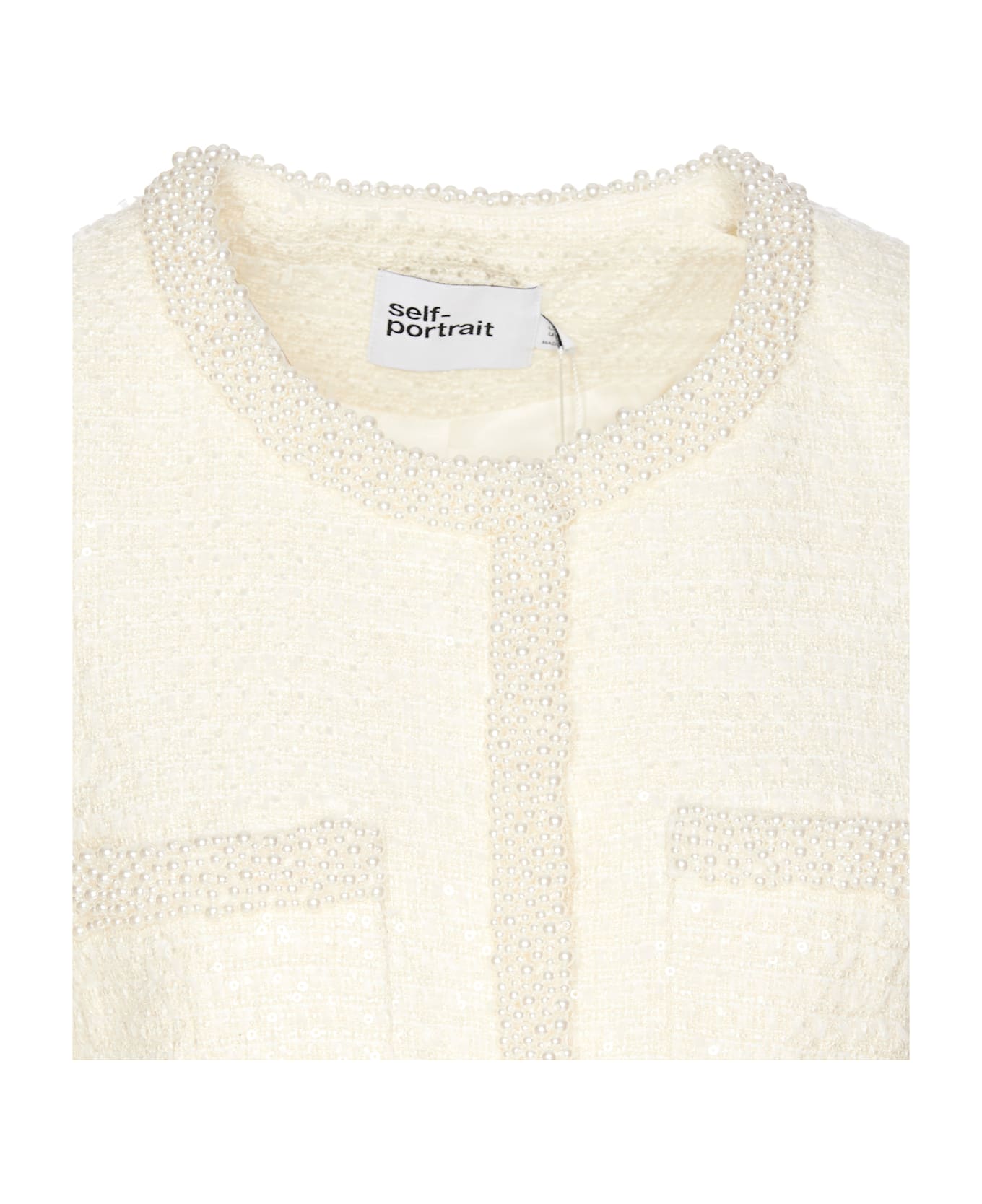 self-portrait Cream Boucle Pearl Trim Jacket - White