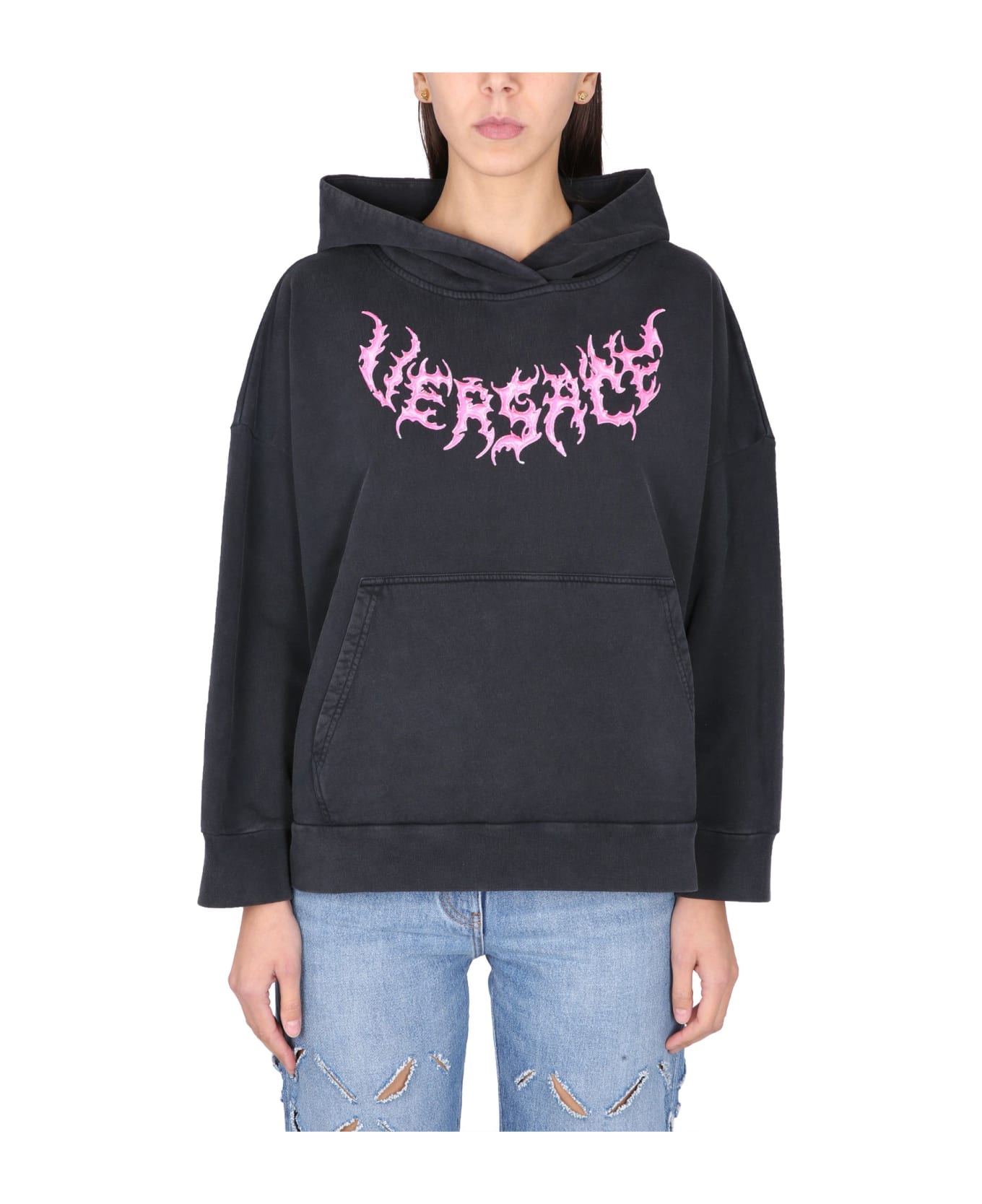 Versace Hooded Sweatshirt With Logo - BLACK