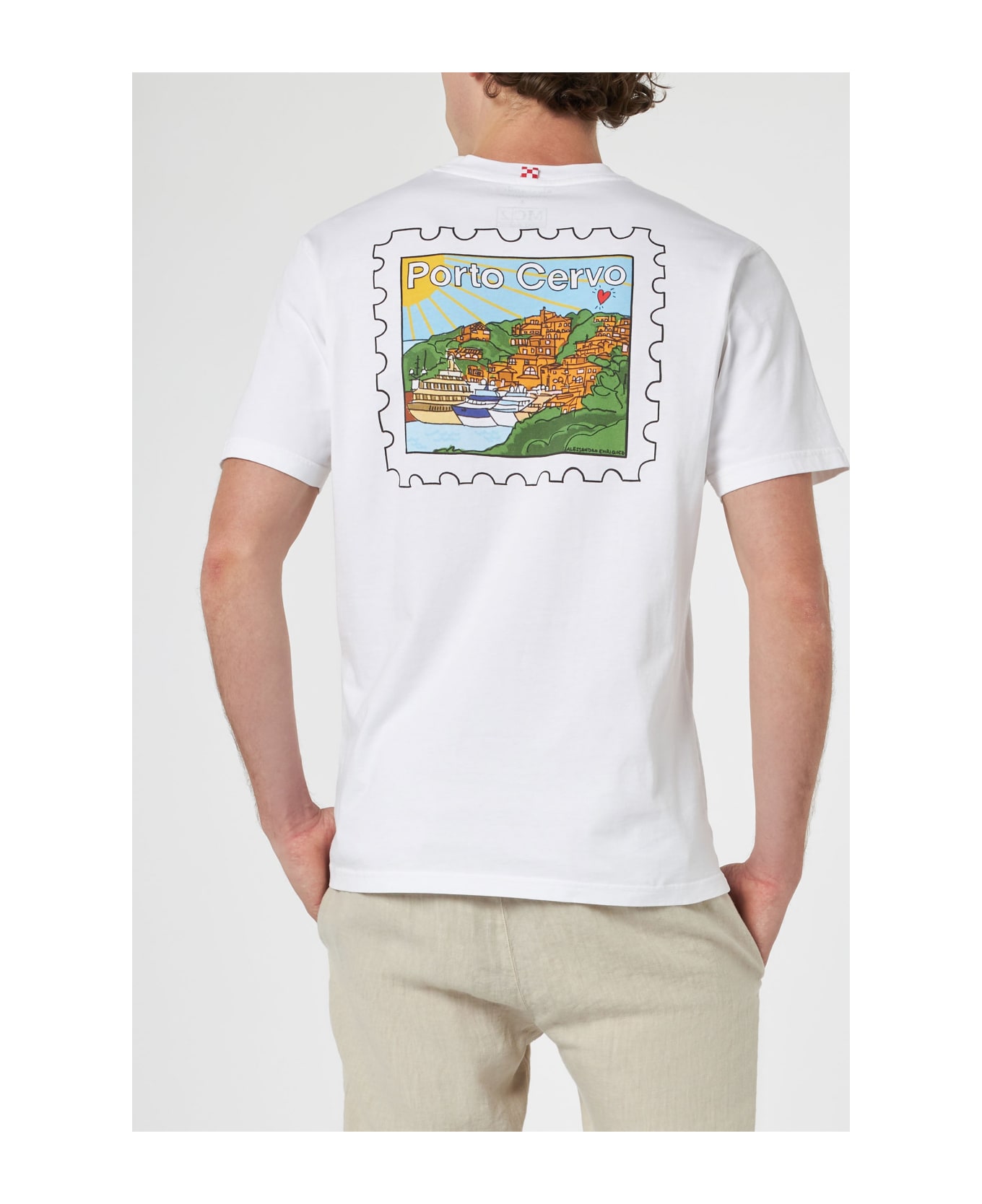 MC2 Saint Barth Man Cotton T-shirt With Porto Cervo Postcard Front And Back Print | Alessandro Enriquez Special Edition - WHITE