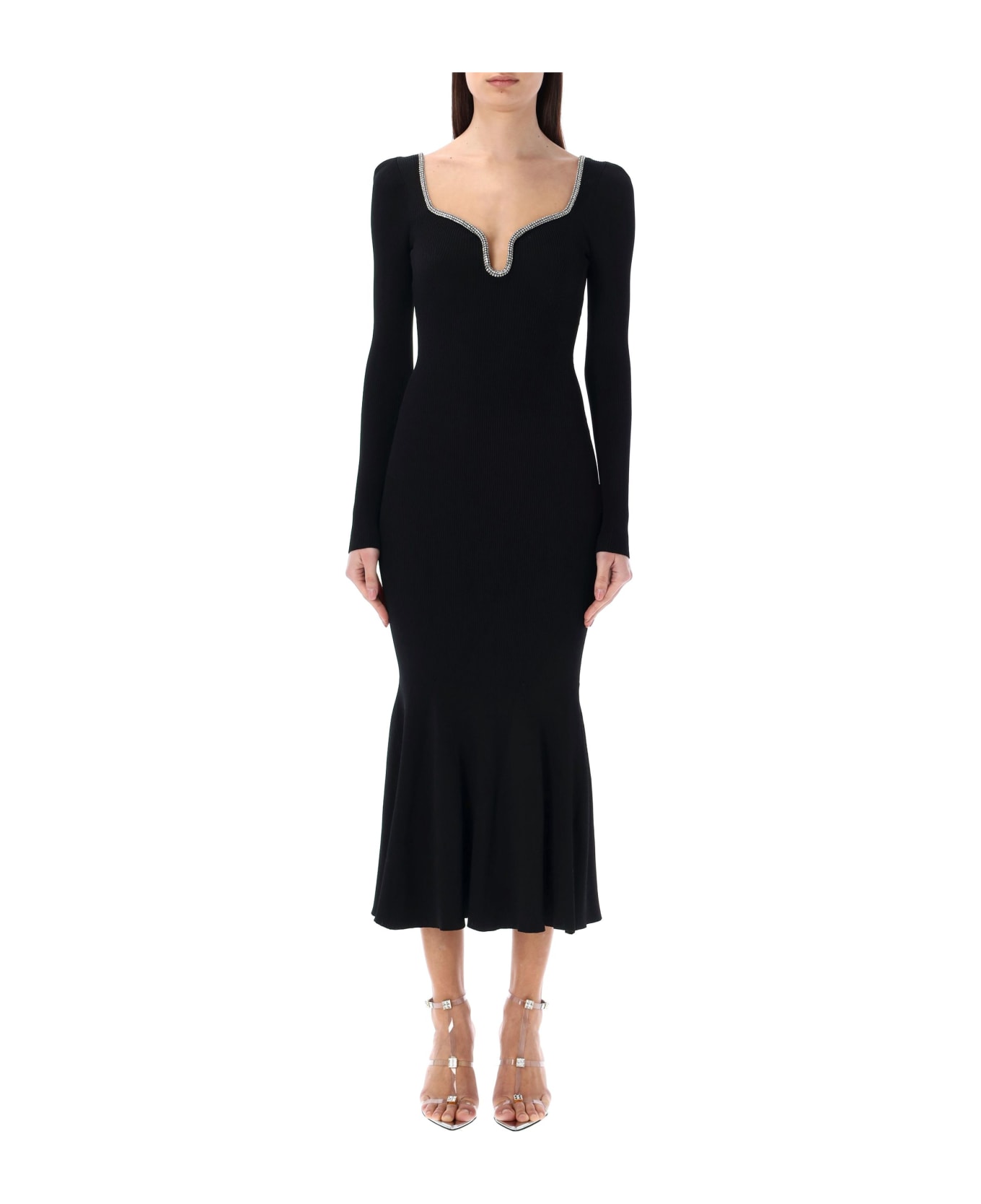 self-portrait Knit Diamante Trim Midi Dress - BLACK