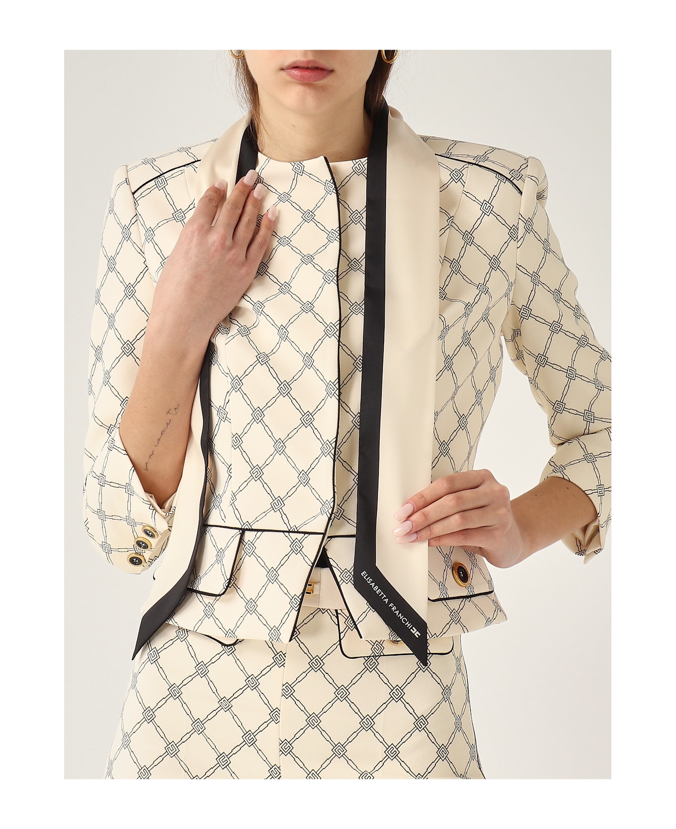 Elisabetta Franchi Giacca In Crepe Con Foulard Removibile Blazer - Ivory
