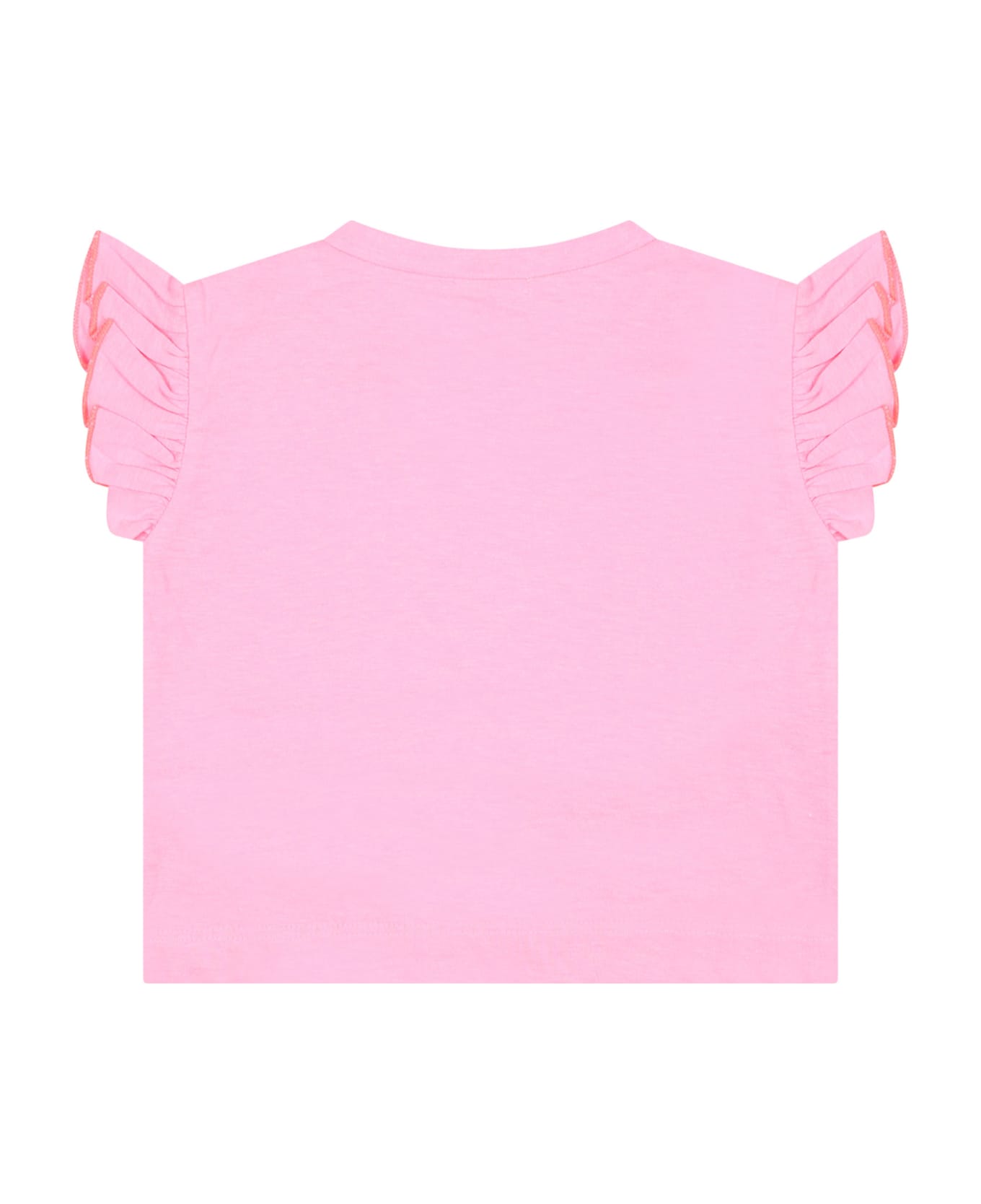 Billieblush Fuchsia T-shirt For Baby Girl With Ruffles And Multicolored Print - Fuchsia Tシャツ＆ポロシャツ