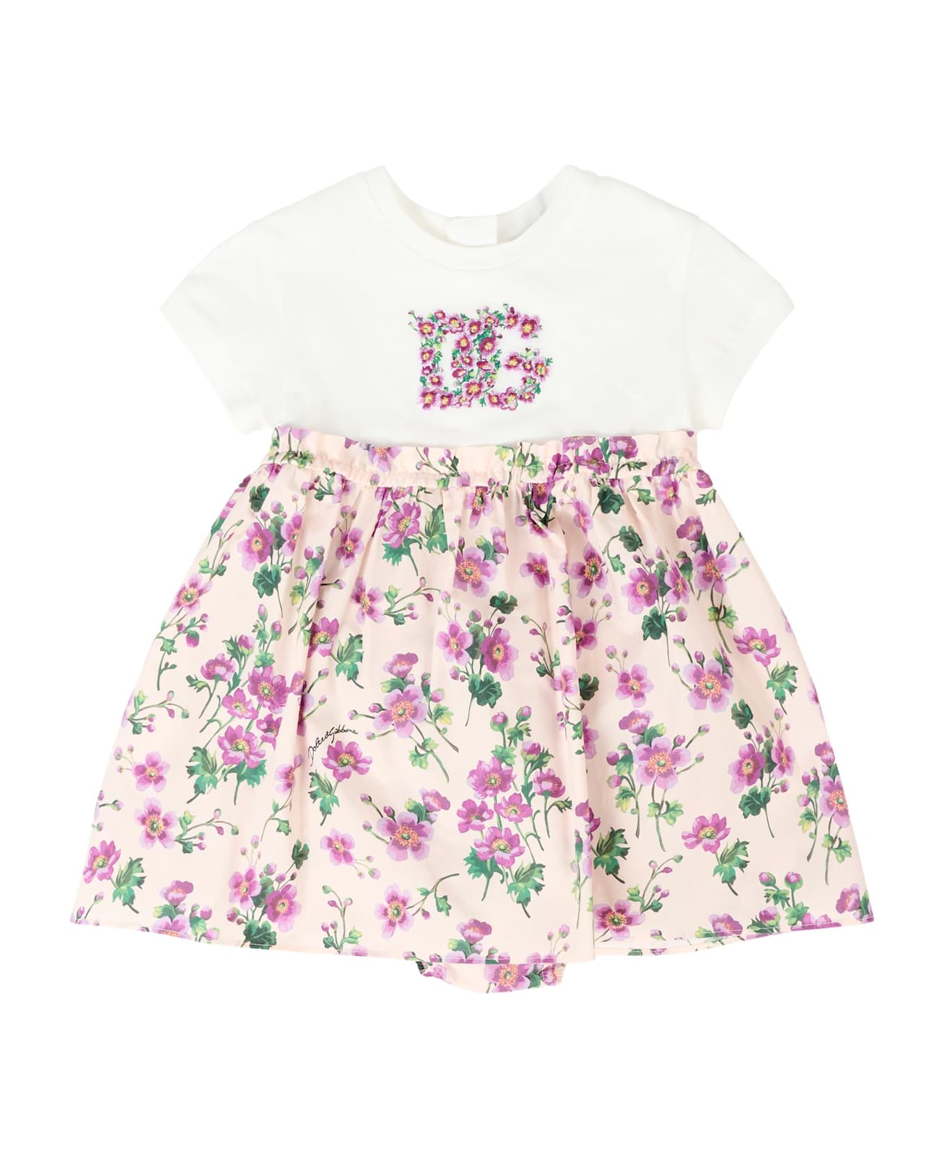 Dolce 
Gabbana Pink Dress For Baby Girl With Flowers And Logo - Pink