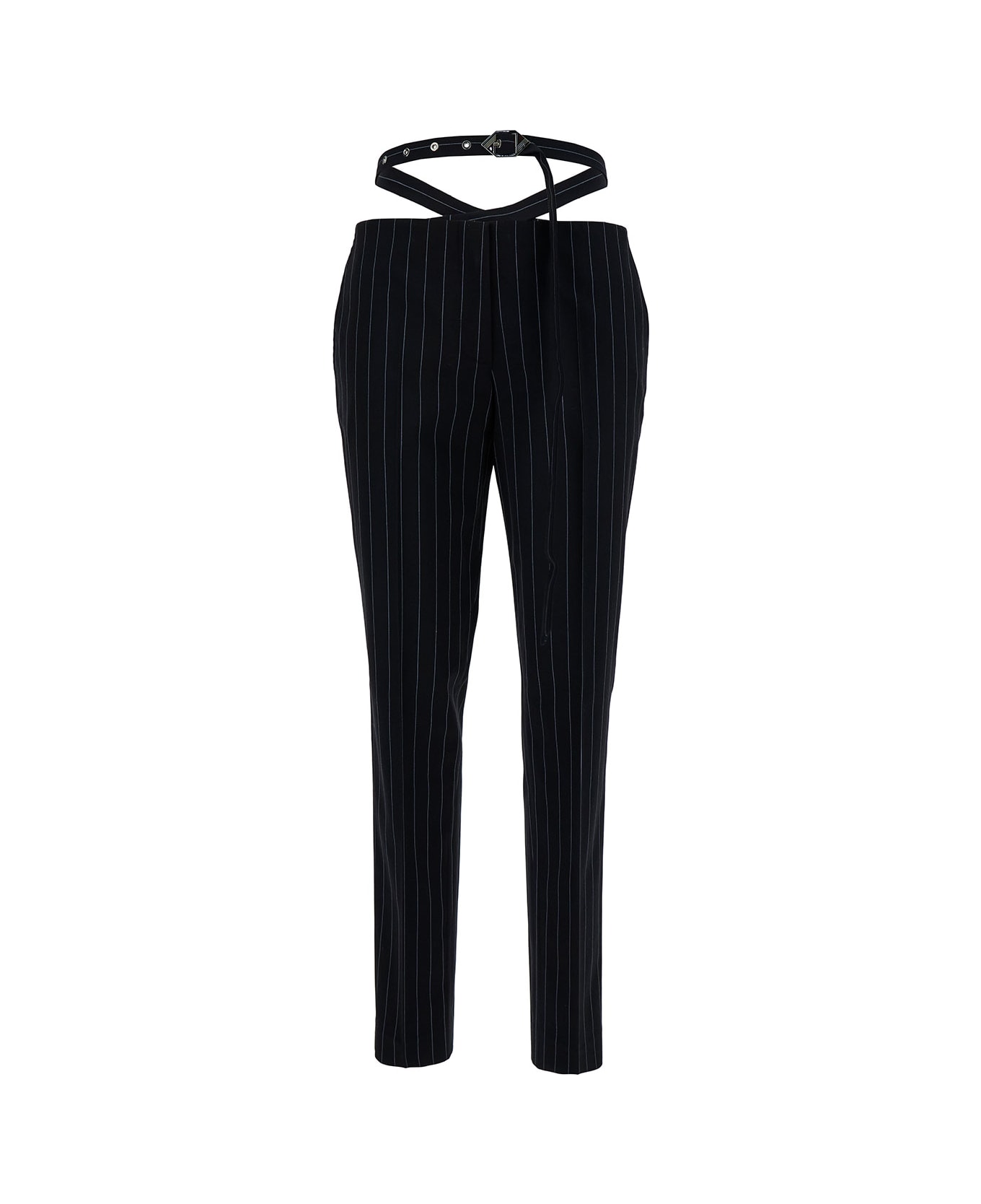 The Attico Blue Slim Pinstripe Pants With Belt In Viscose Blend Woman - Blu ボトムス
