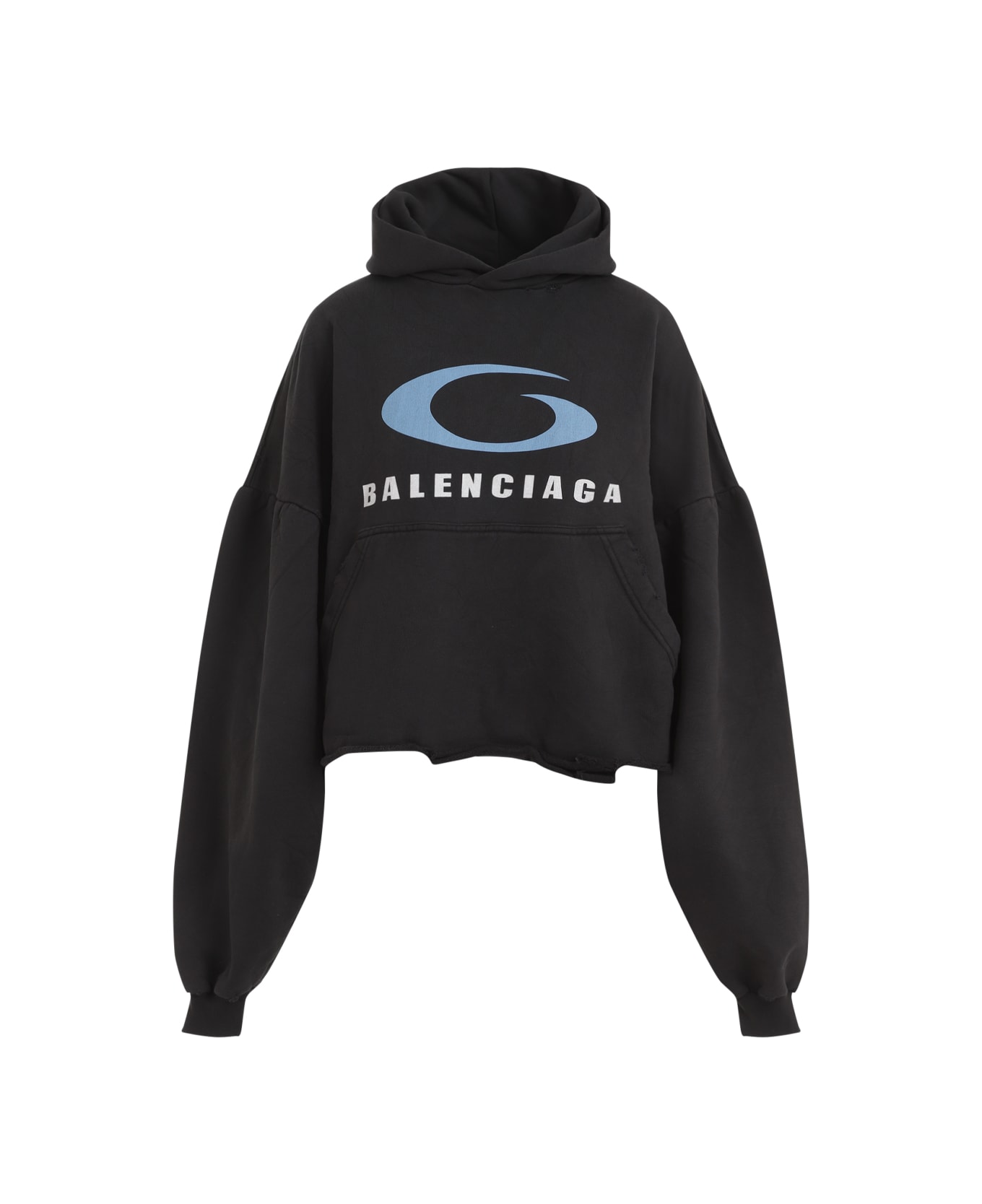 Balenciaga Loop Sports Icon Destroyed Cropped Hoodie - WASHEDBLACKBLUE