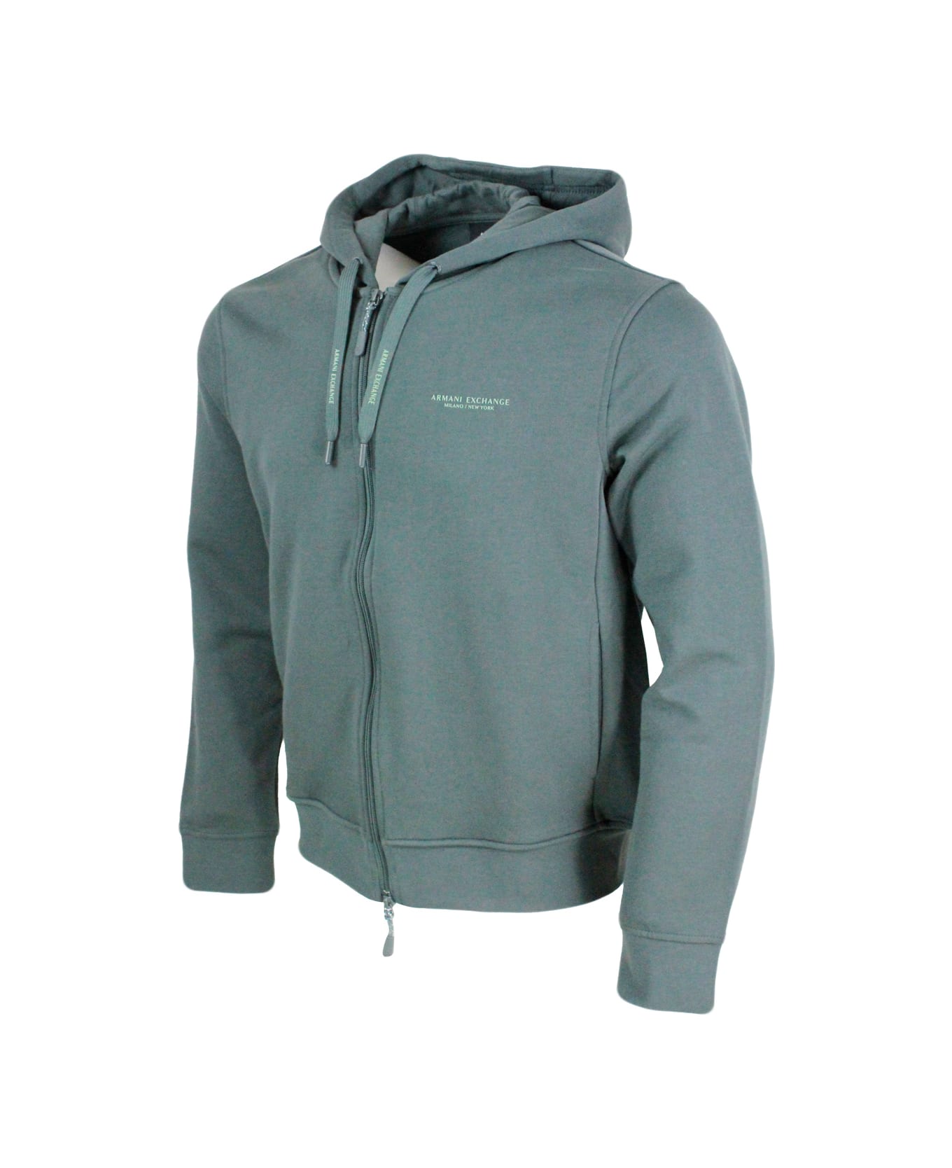 Armani Collezioni Long-sleeved Full Zip Drawstring Hoodie With Small Logo On The Chest - Green ニットウェア