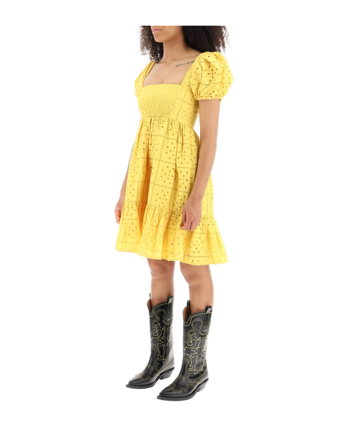 Ganni Broderie Mini Dress - MAIZE (Yellow)