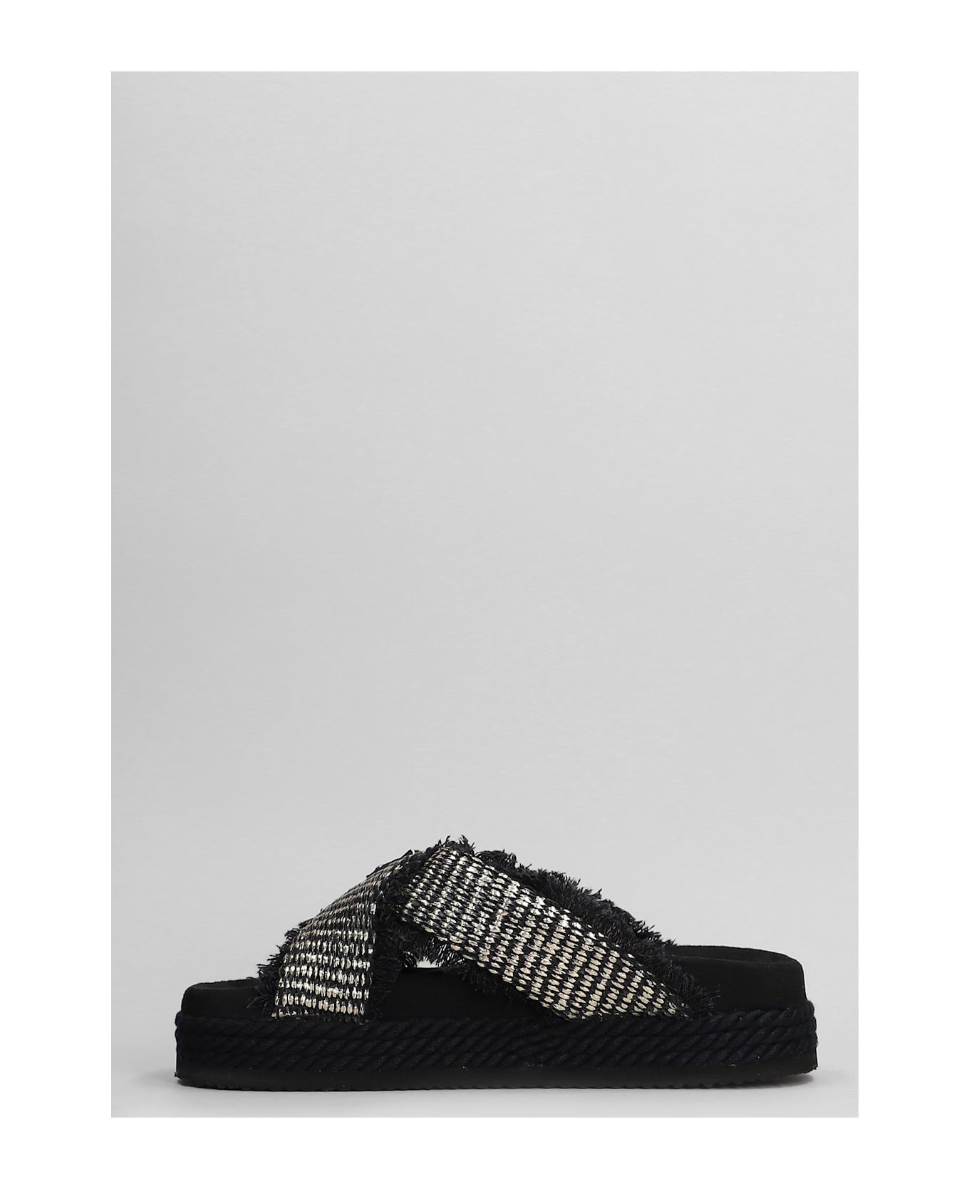 Mou Crisscross Flats In Black Raffia - black
