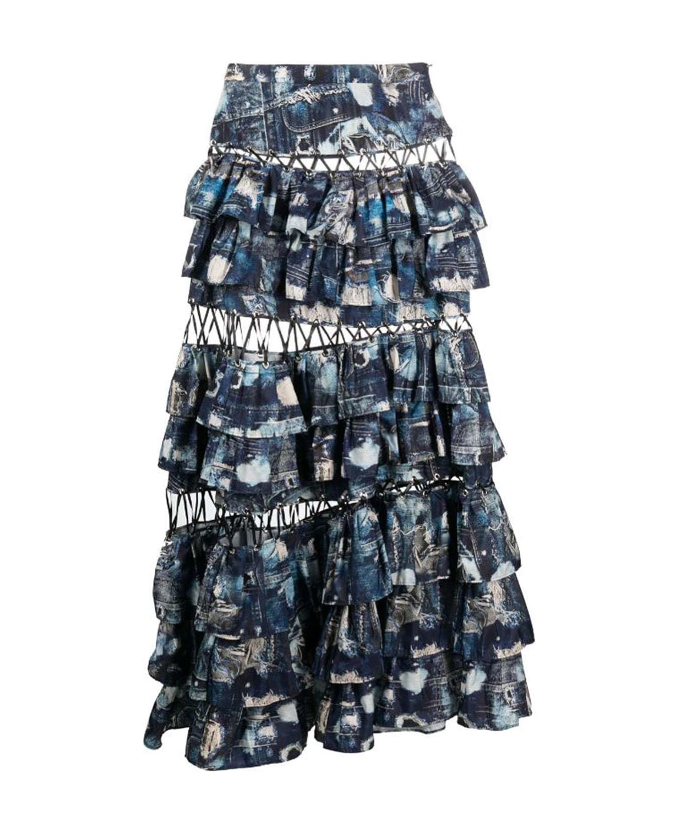 John Richmond Long Skirt With Flounces And Iconic Runway Denim-effect Pattern - Fantasia