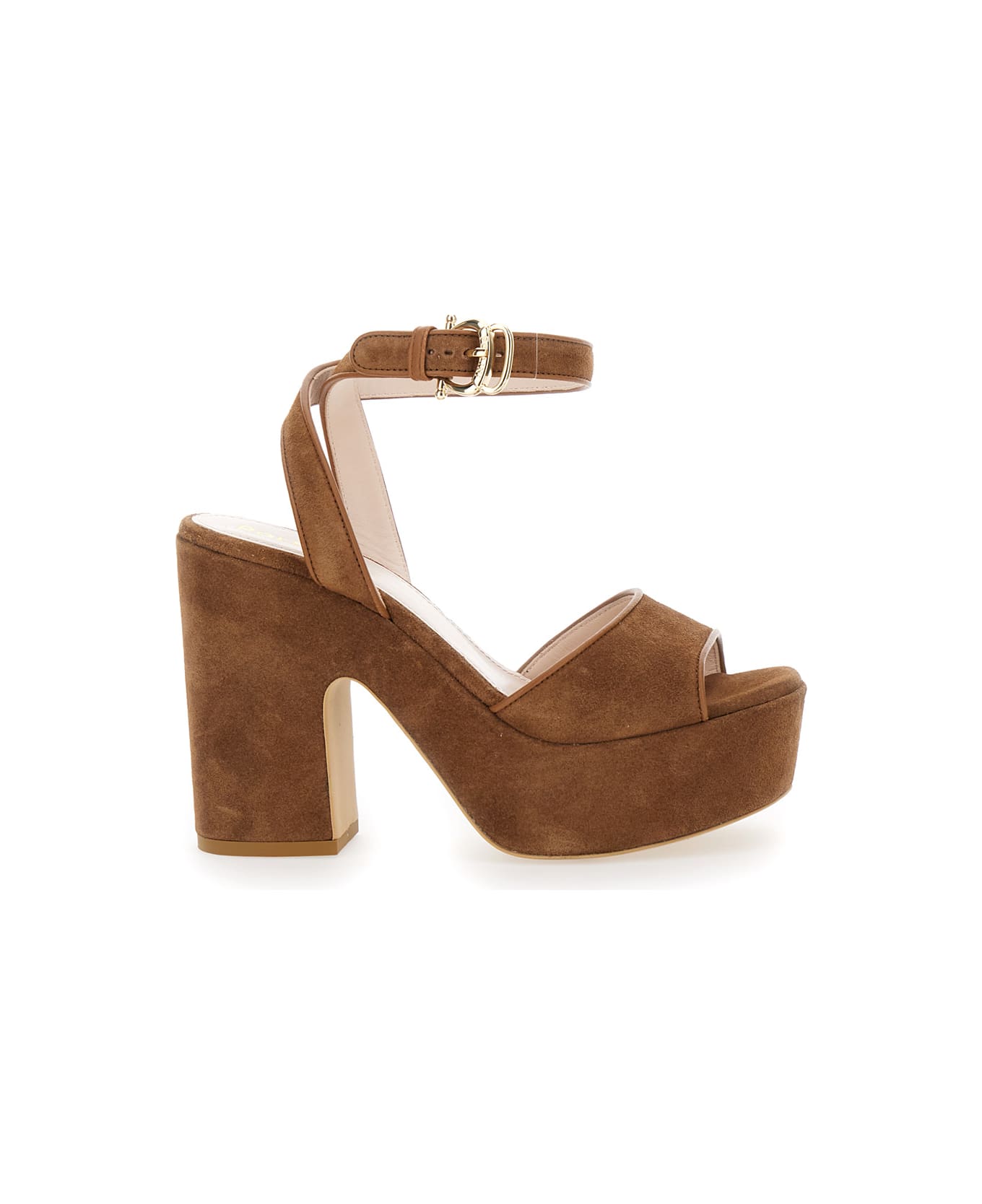 Pollini Brown Sandals With Ankle Strap And Platform With Chunky Heel In Suede Woman - Brown