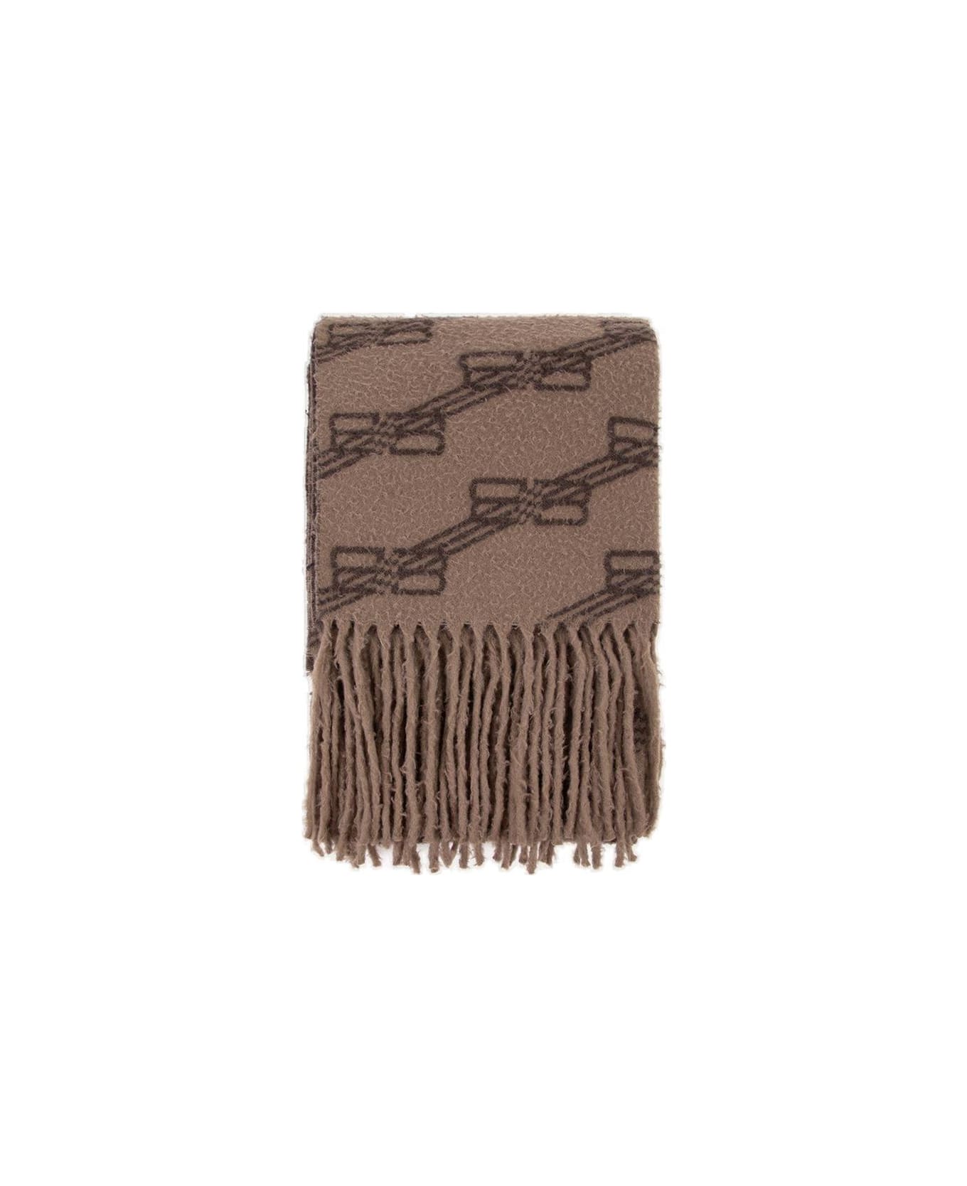 Balenciaga Allover Logo Printed Fringed Scarf - Beige