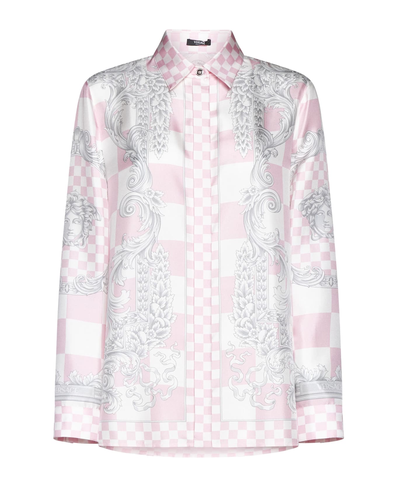 Versace Silk Medusa Contrast Shirt - Pastel pink + white + silver
