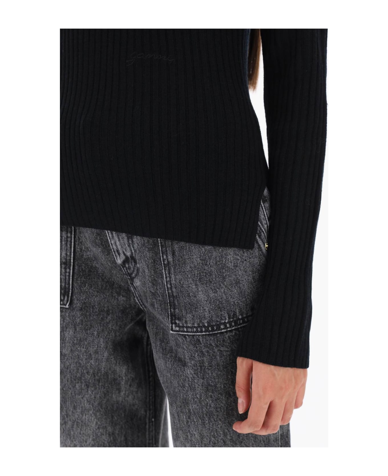 Ganni Turtleneck Sweater With Back Cut Out - BLACK