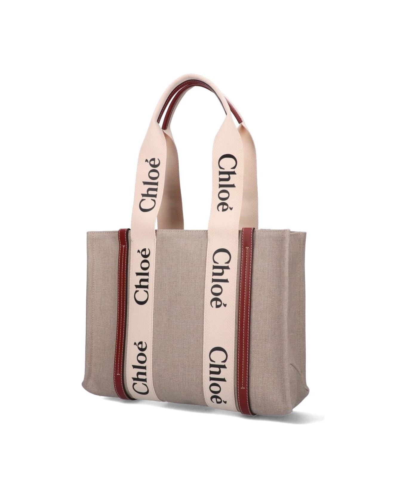 Chloé White And Brown Medium Woody Shopping Bag With Shoulder Strap - Marrone トートバッグ