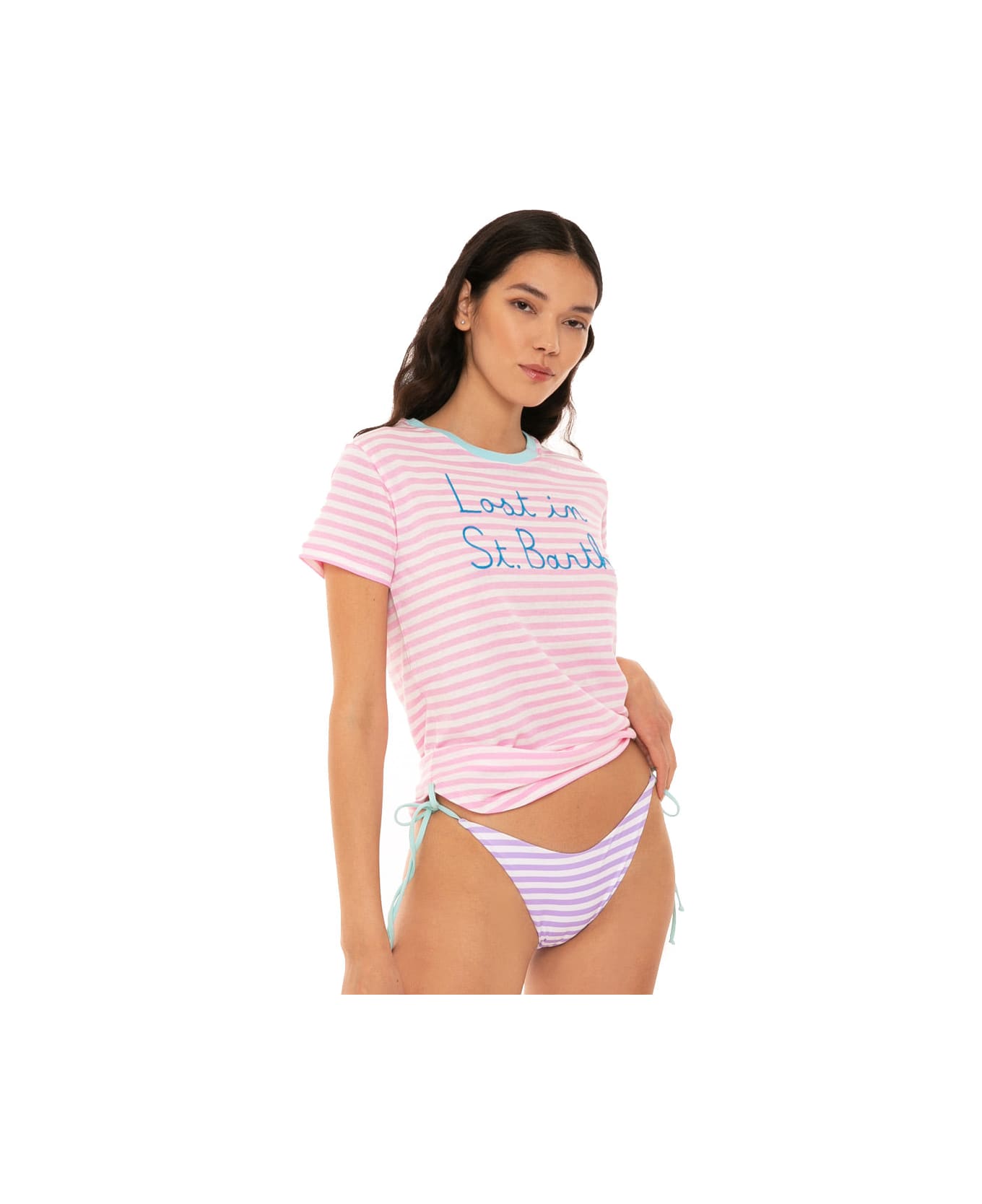 MC2 Saint Barth Striped T-shirt With Lost In St. Barth Embroidery - PINK