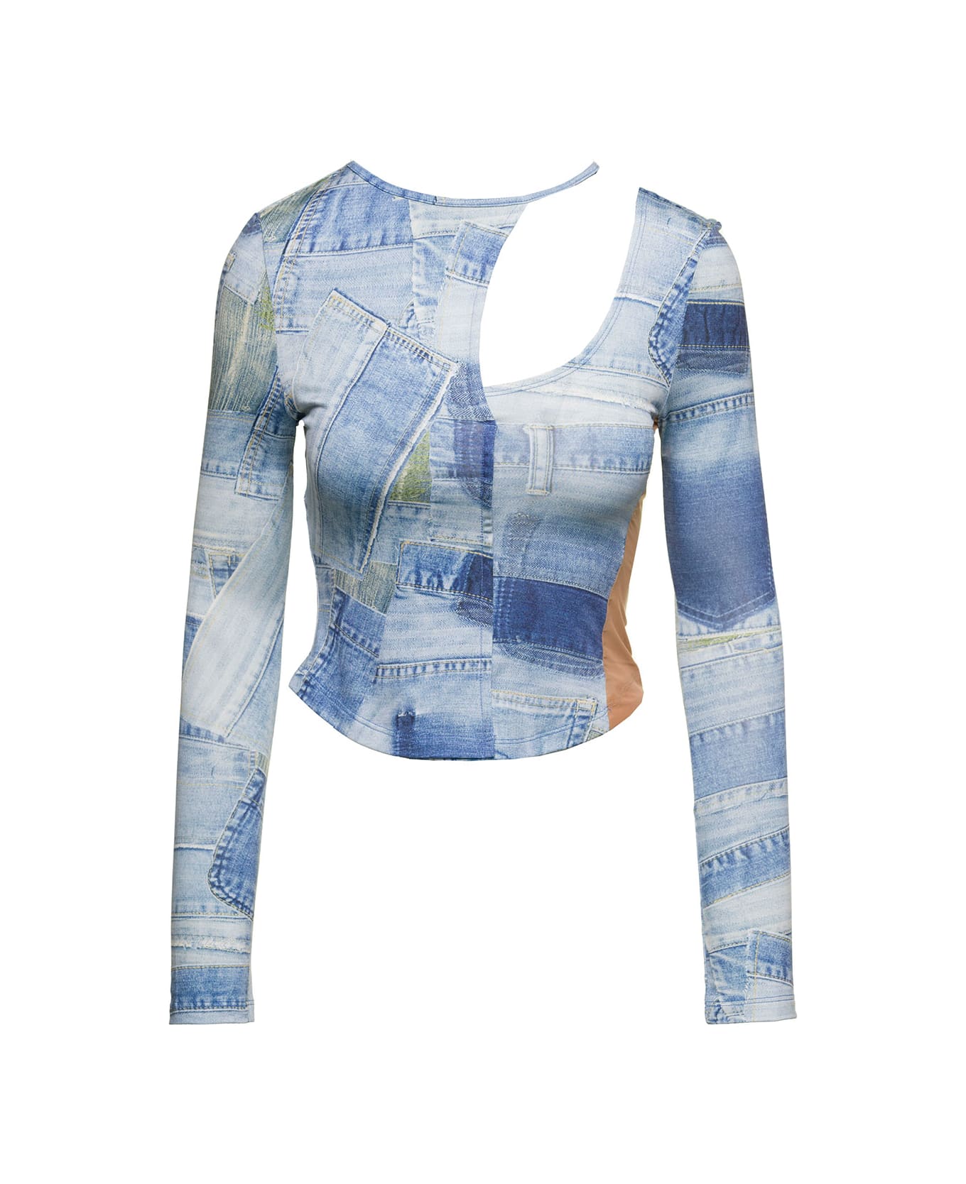 Andersson Bell 'anja' Light Blue Long-sleeve Top With Cut-out And Denim Patch Print Woman - Blu