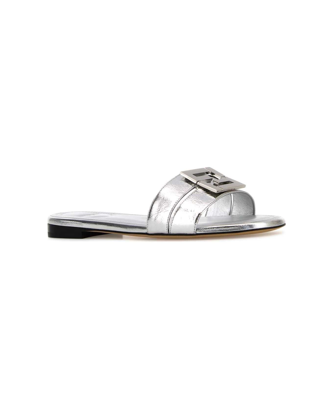 Fendi Silver Leather Baguette Slippers - SILVER