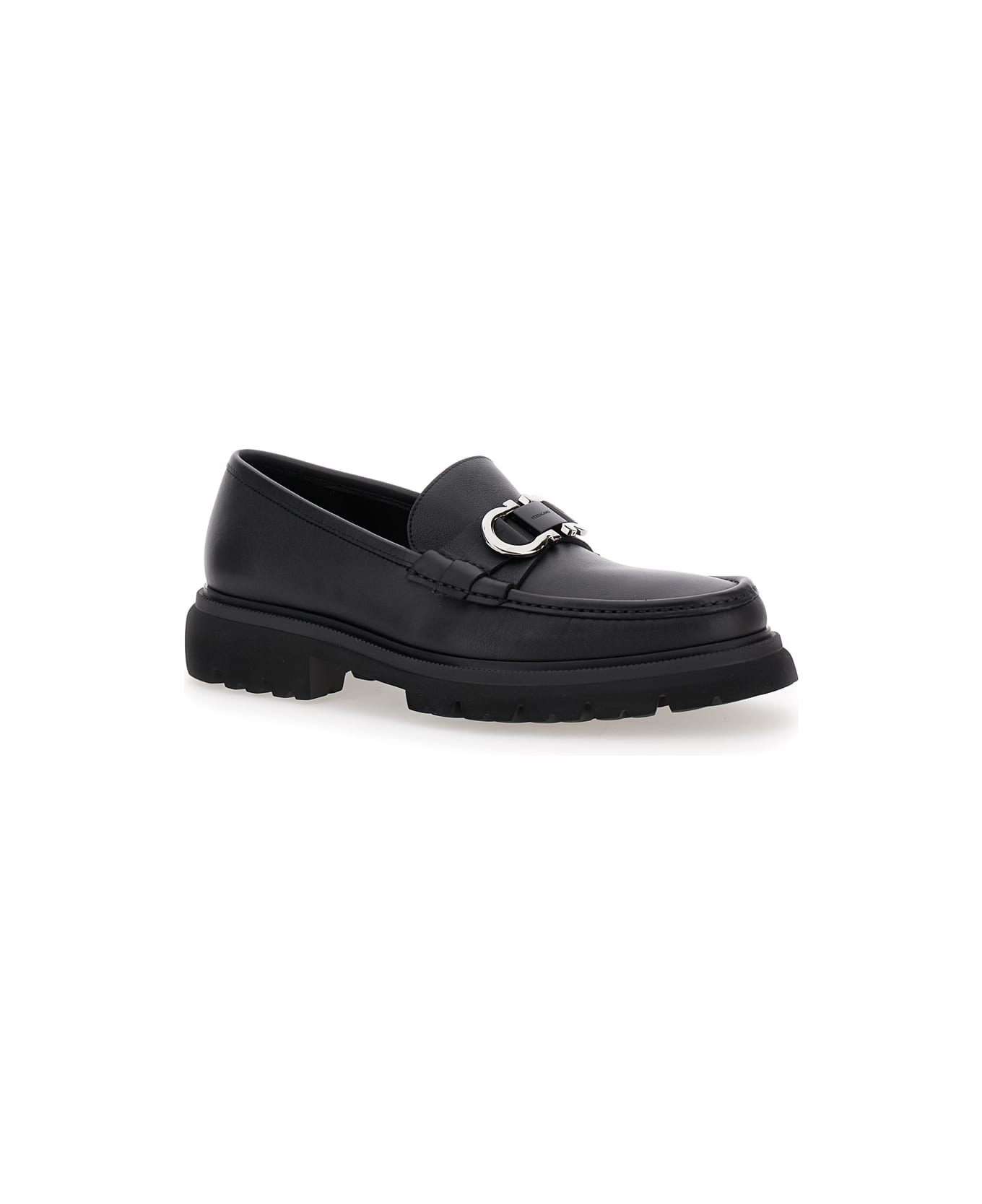 Ferragamo Black Loafers With Platform And Gancini Detail In Leather Man - Black
