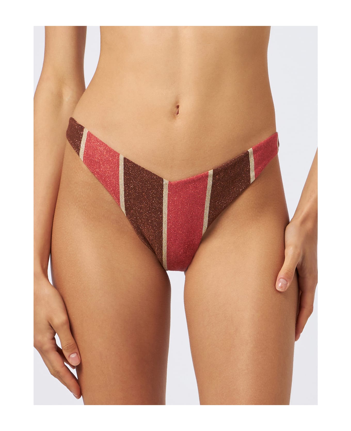 MC2 Saint Barth Woman Striped Lurex Cheeky Swim Briefs Romy - BROWN