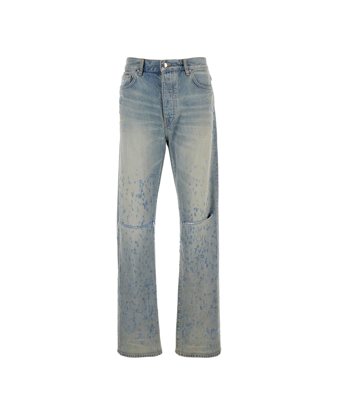 AMIRI Light Blue Destroyed Straight Jeans With Cut-out In Cotton Denim Man - Blu デニム