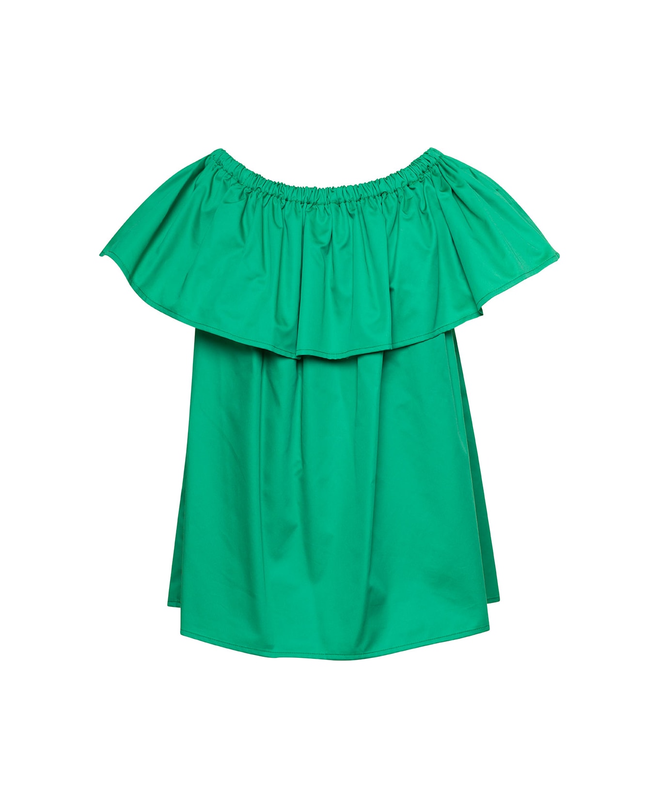 Douuod Emerald Green Ruffle Top With Boat Neckline In Cotton Woman - Green トップス
