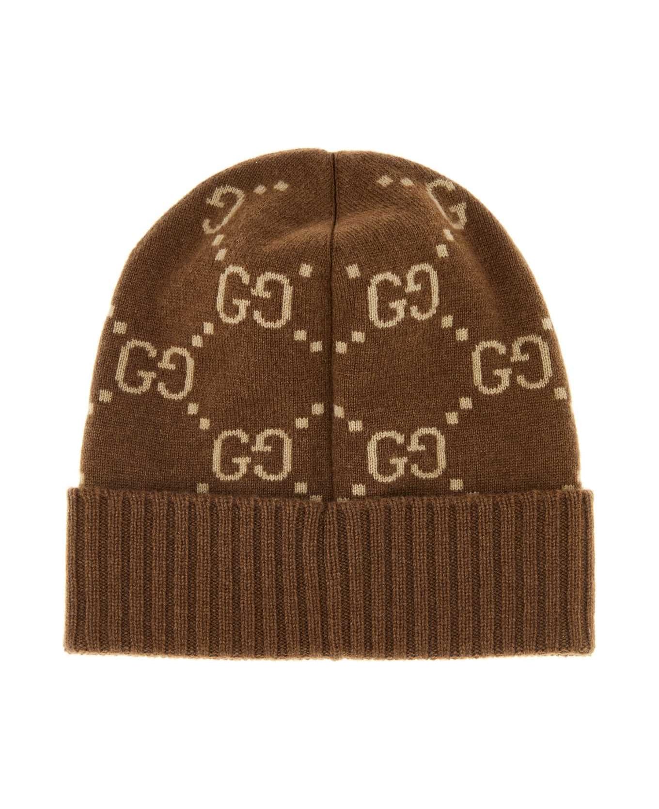 Gucci Embroidered Cashmere Beanie Hat - BROWN
