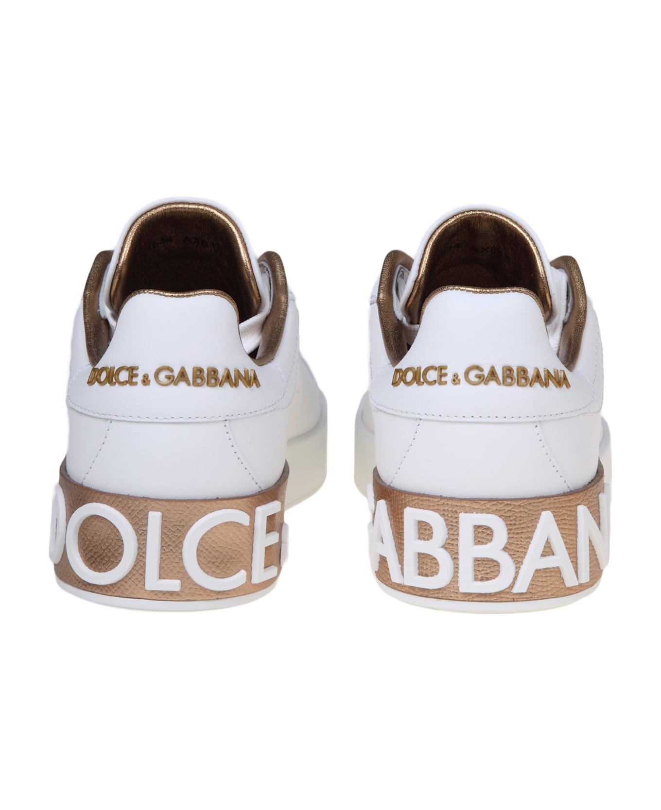 Dolce & Gabbana Portofino Sneakers In White And Gold Leather - POWDER GOLD