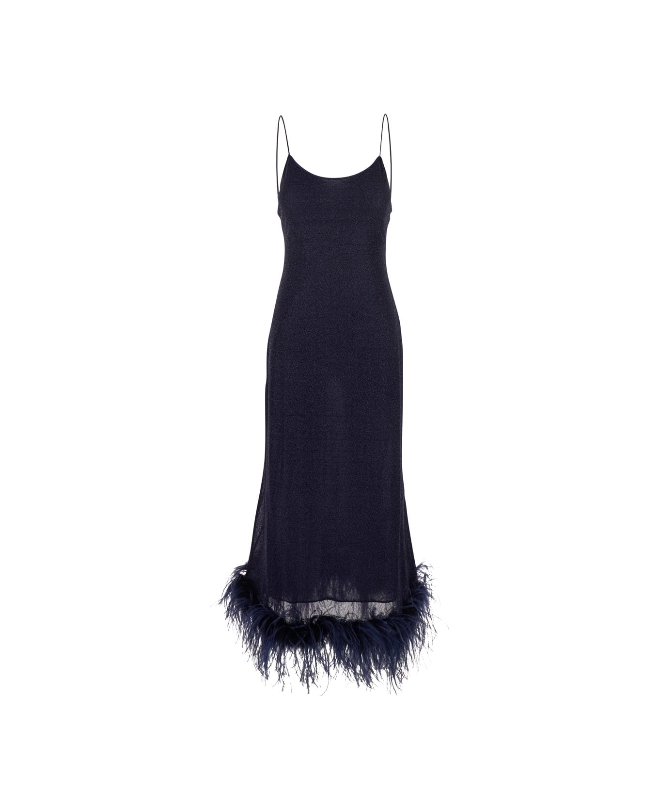 Oseree 'lumiere Plumage' Blue Sleeveless Slip Dress With Tonal Feathered Hem In Tech Fabric Stretch Woman - Blu