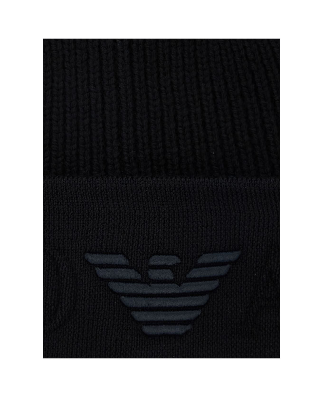 Emporio Armani Black Beanie With Maxi Logo Embroidery On The Front In Wool Man - Black