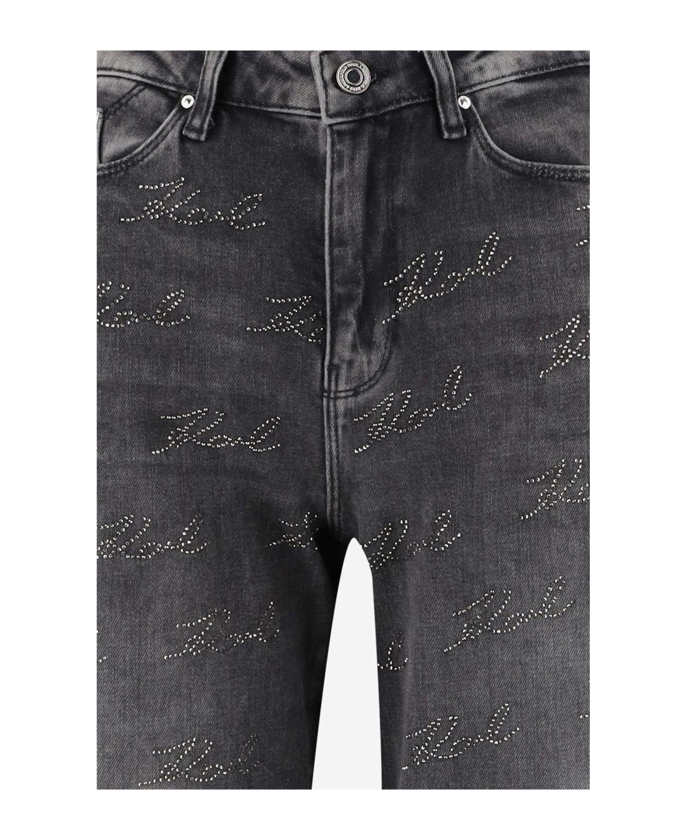Karl Lagerfeld Stretch Cotton Denim Jeans With Rhinestone Logo - Grey