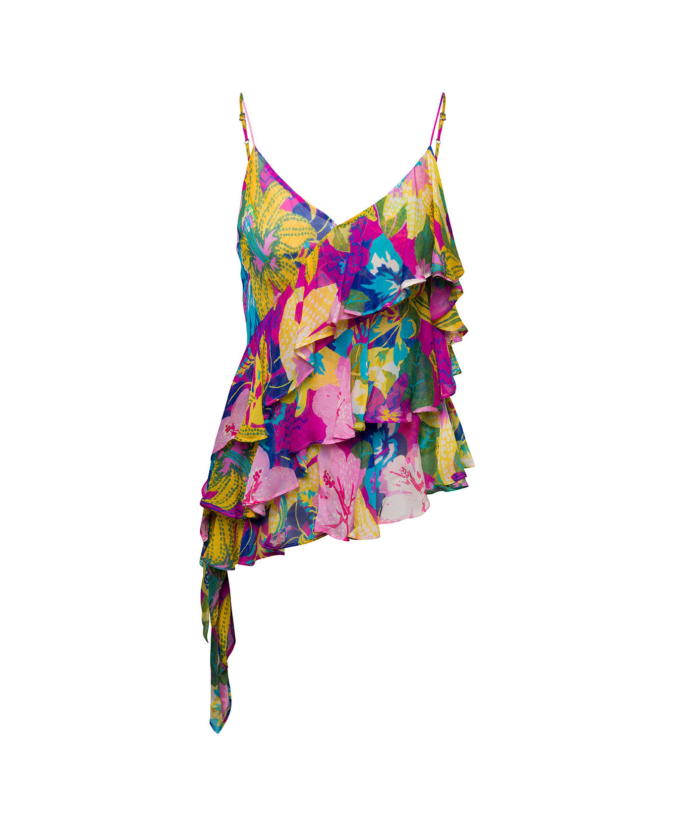 MSGM Multicolor Asymmetric Ruffled Top With Graphic Print In Viscose Woman - Multicolor
