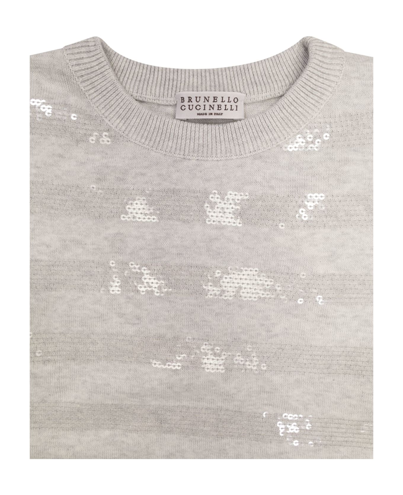 Brunello Cucinelli Cotton Jersey With Sparkling Stripes - Grey