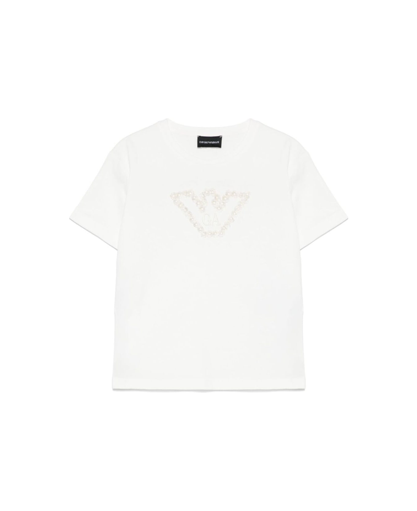 Emporio Armani White Crewneck T-shirt With Logo Embroidery On The Front In Cotton Girl - White