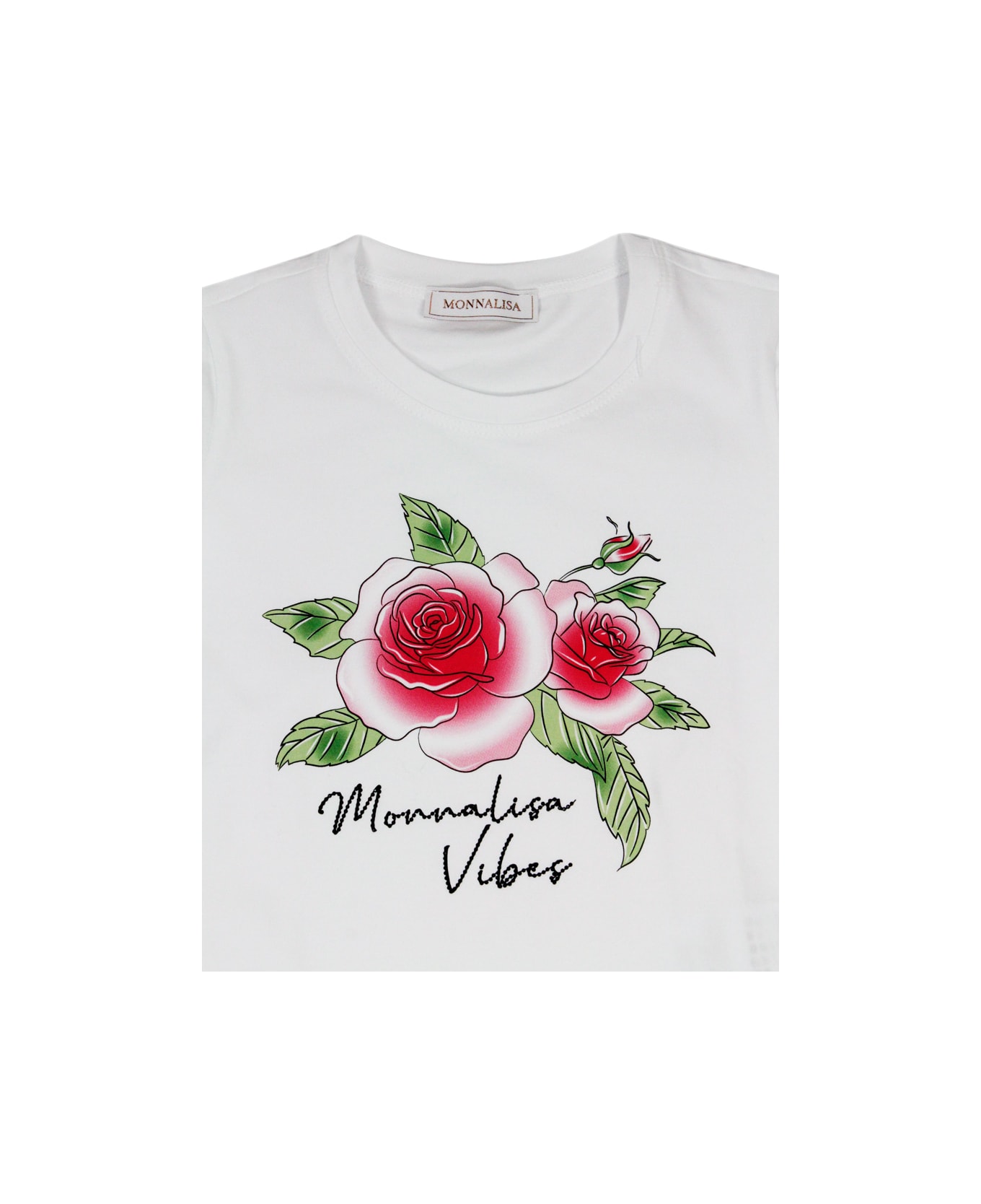 Monnalisa Short Sleeve Crewneck T-shirt With Pink Print - White Tシャツ＆ポロシャツ