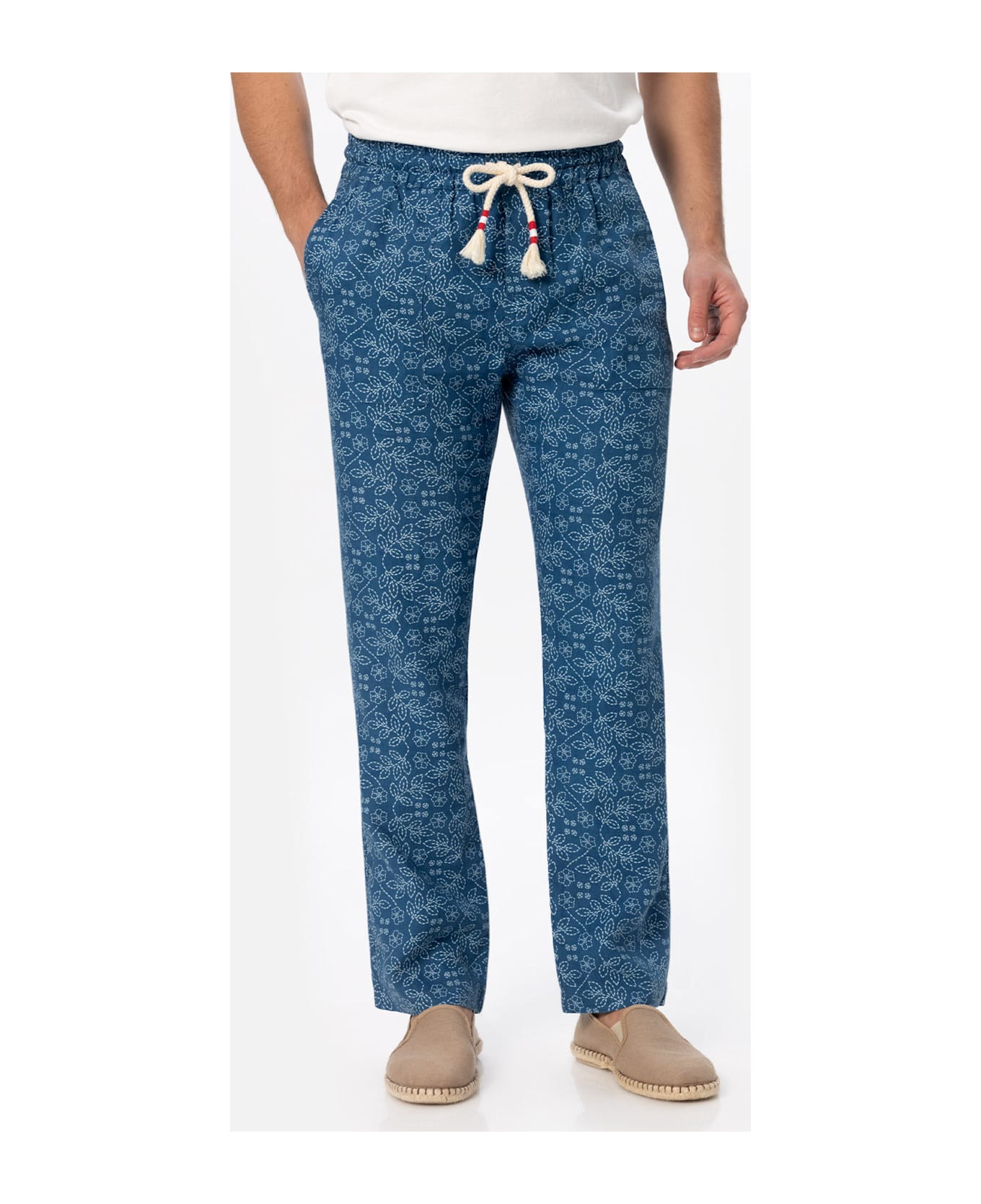 MC2 Saint Barth Man Printed Linen Calais Pants With Drawstring - BLUE